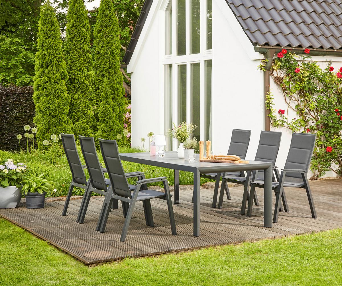 GARTENTISCHGRUPPE MILANO S.SET + SILVA 7TLG - Anthrazit, MODERN, Keramik/Kunststoff (100/88/220cm) - Siena Garden