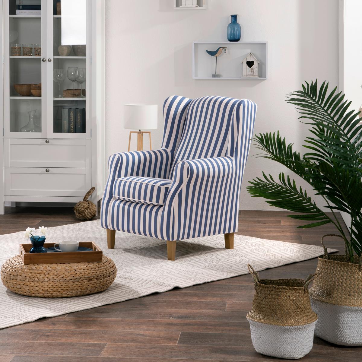 Ohrensessel ''Lorris'', Blau/Weiß - Blau/Eichefarben, KONVENTIONELL, Holz/Textil (77/103/86cm) - Max Winzer