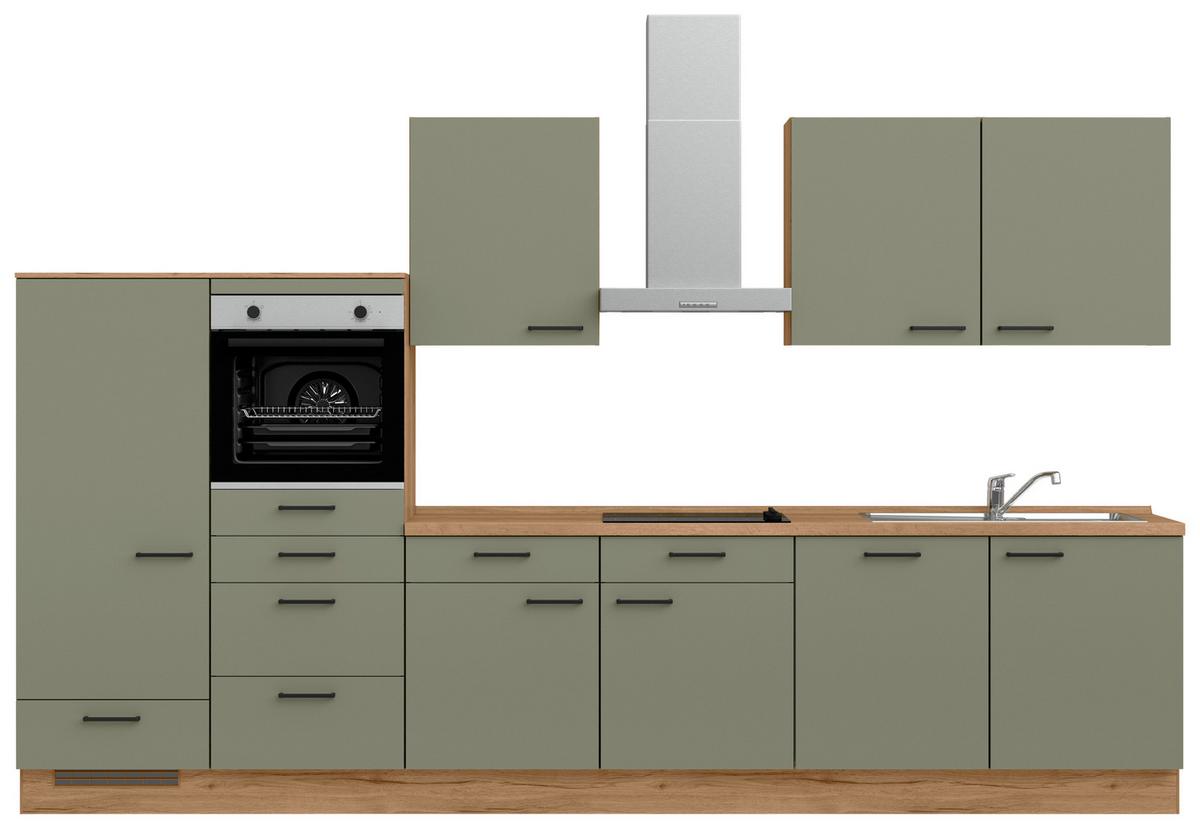 Küchenleerblock Senso Low o. Geräte Olivgrün - Eichefarben/Schwarz, MODERN, Holzwerkstoff/Metall (360cm) - Nobilia