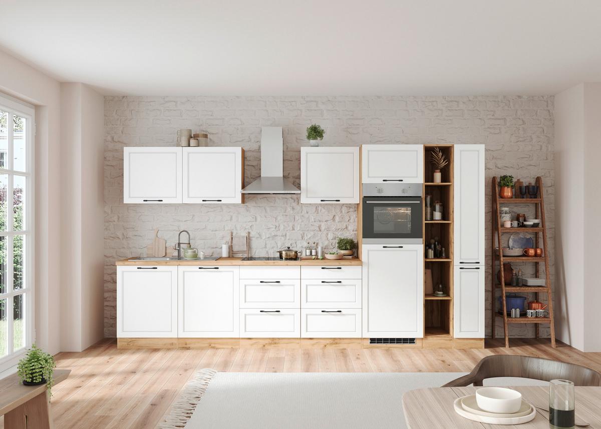 Küchenzeile Meran mit Geräten ca. 360 cm Weiß/Eiche Dekor - Eiche Wotan/Schwarz, LIFESTYLE, Holzwerkstoff/Metall (360cm) - Held