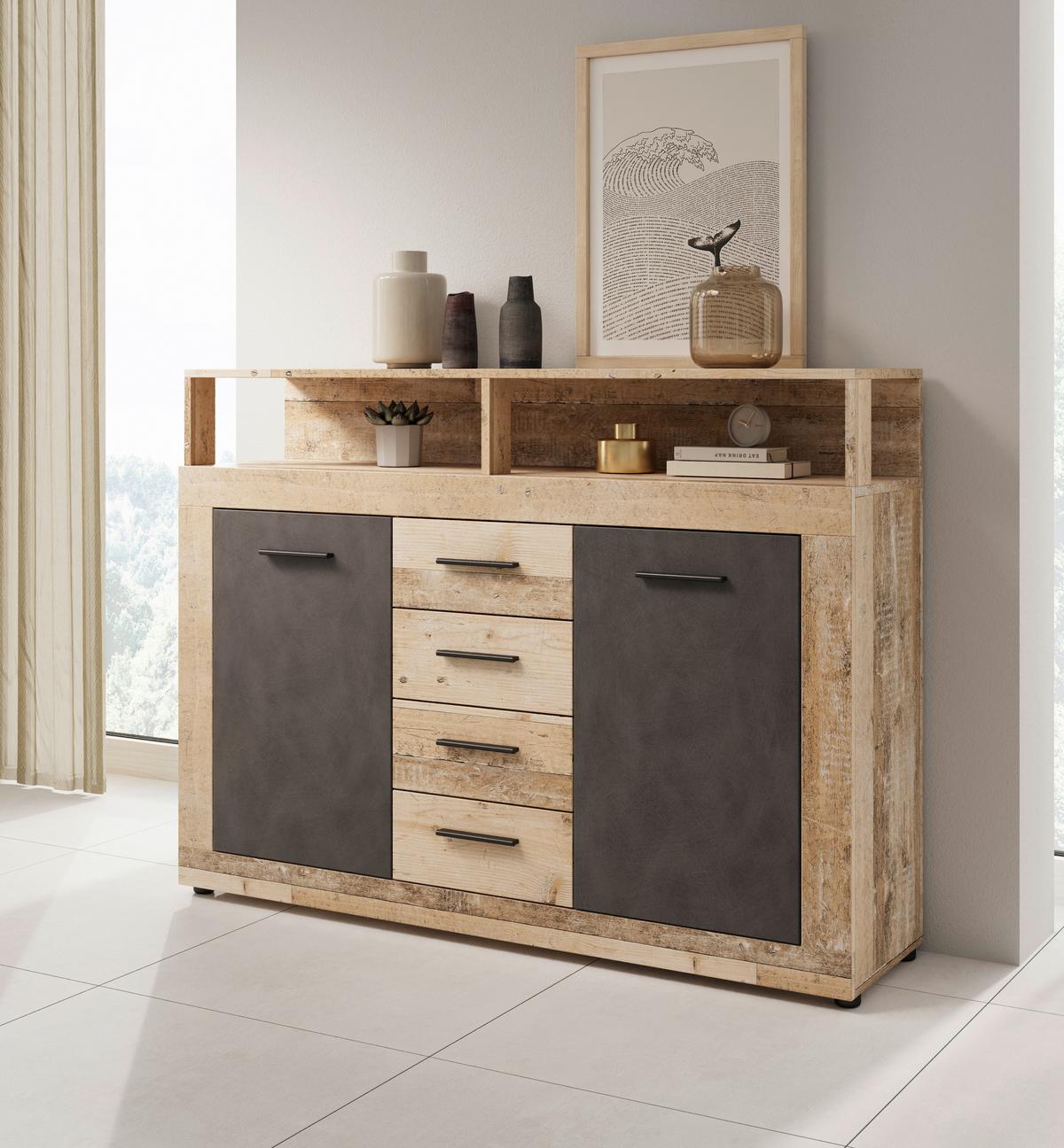 KOMODA LUPO - kolor dębowy/antracytowy, Design, materiał drewnopochodny/tworzywo sztuczne (119/96/32cm) - MID.YOU