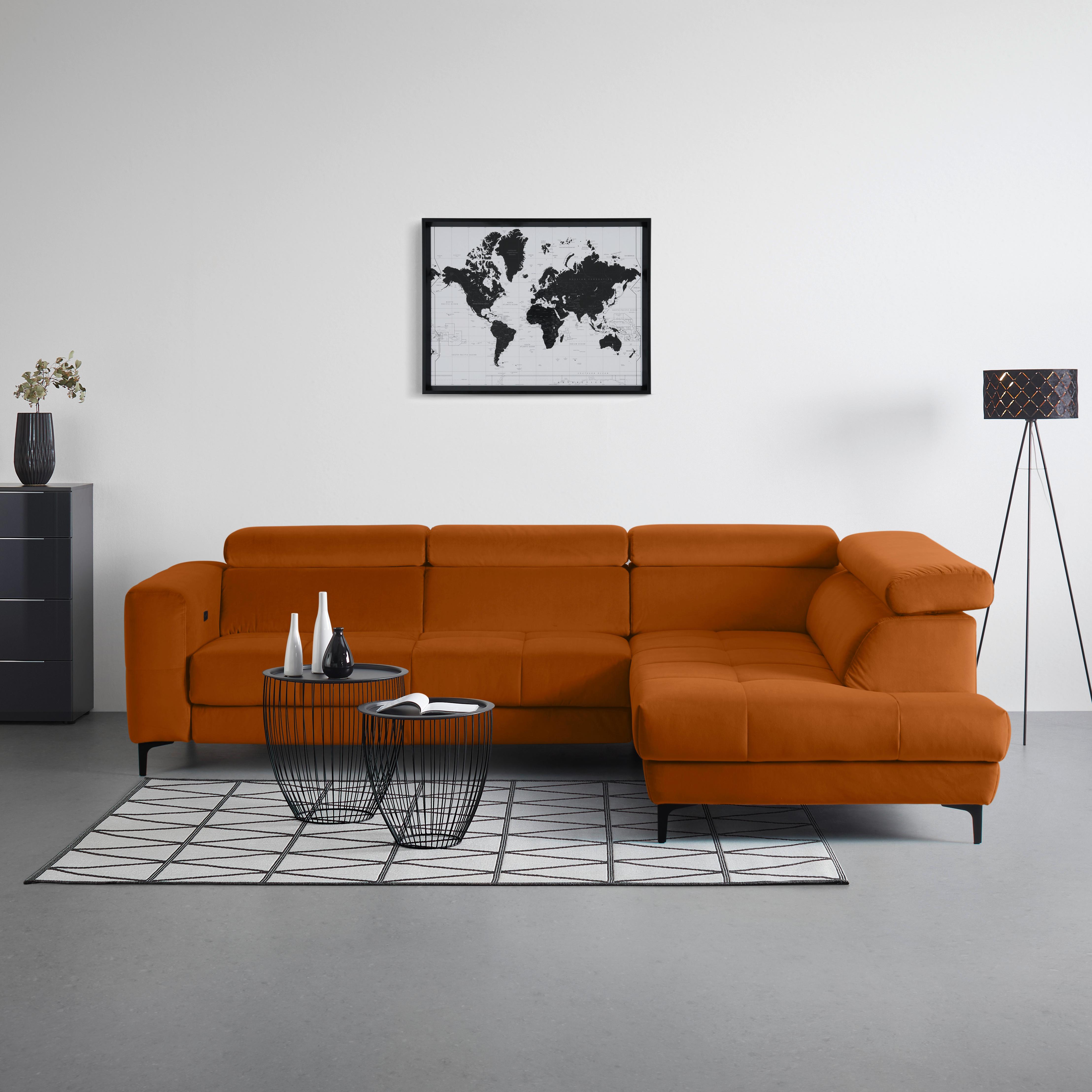 Ecksofa Emma rechts Orange - Schwarz/Orange, MODERN, Textil (301/210cm) - Premium Living