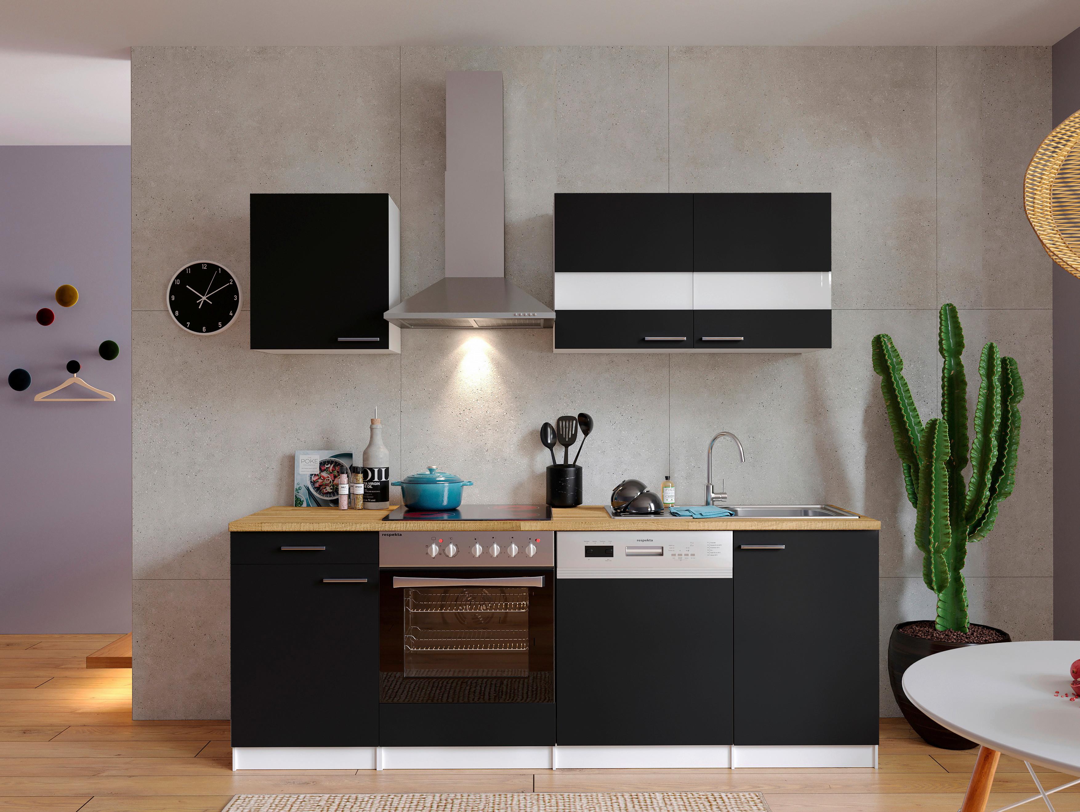 Küchenzeile Economy m. Geräten Schwarz/Nussbaum B: ca. 220 cm - Edelstahlfarben/Nussbaumfarben, Basics, Holzwerkstoff/Metall (220cm) - Respekta