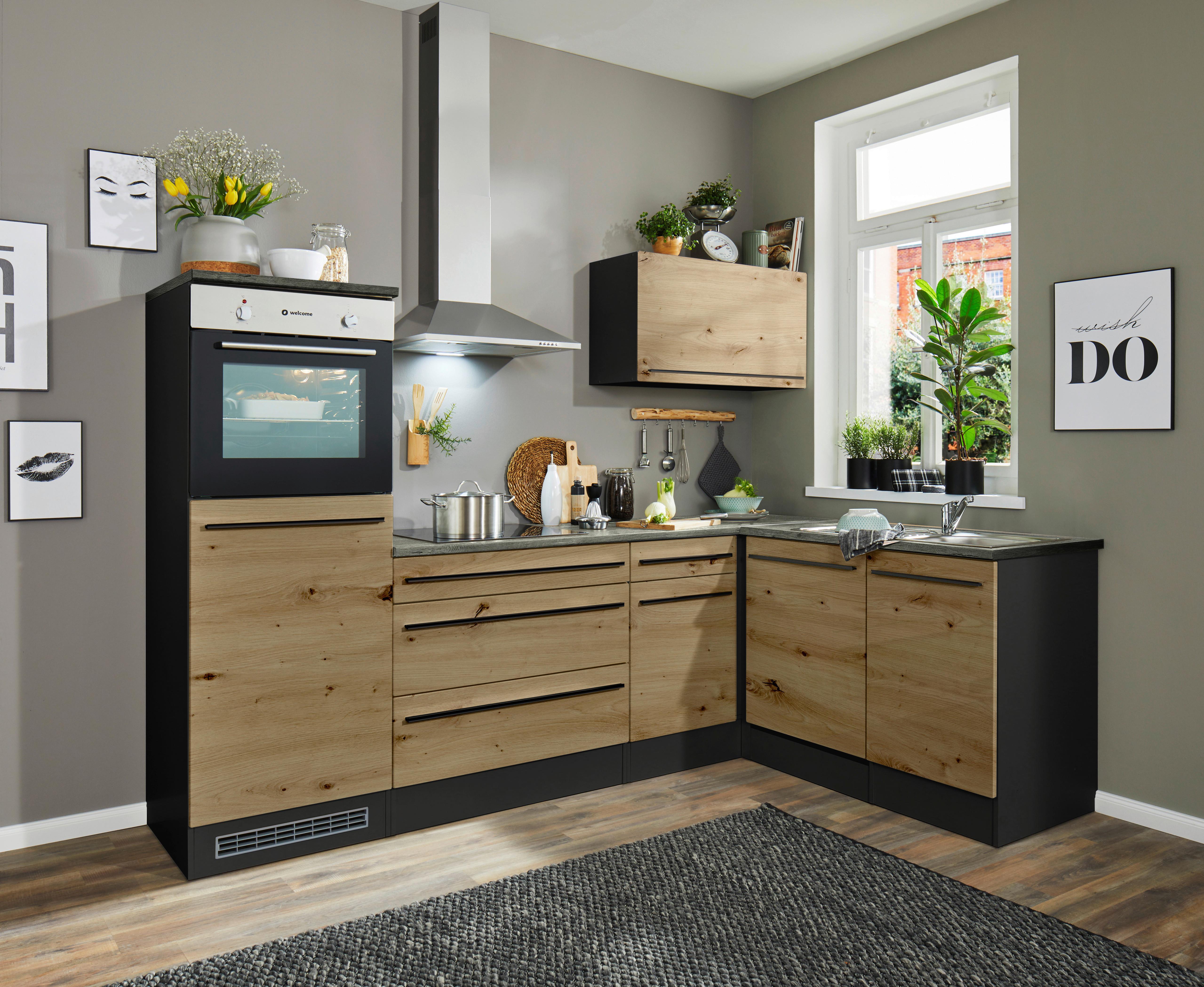 Eckküche Jazz mit Geräten ca.260x175cm Eiche/Anthrazit - Anthrazit/Schwarz, KONVENTIONELL, Holzwerkstoff/Kunststoff (260/175cm) - P & B