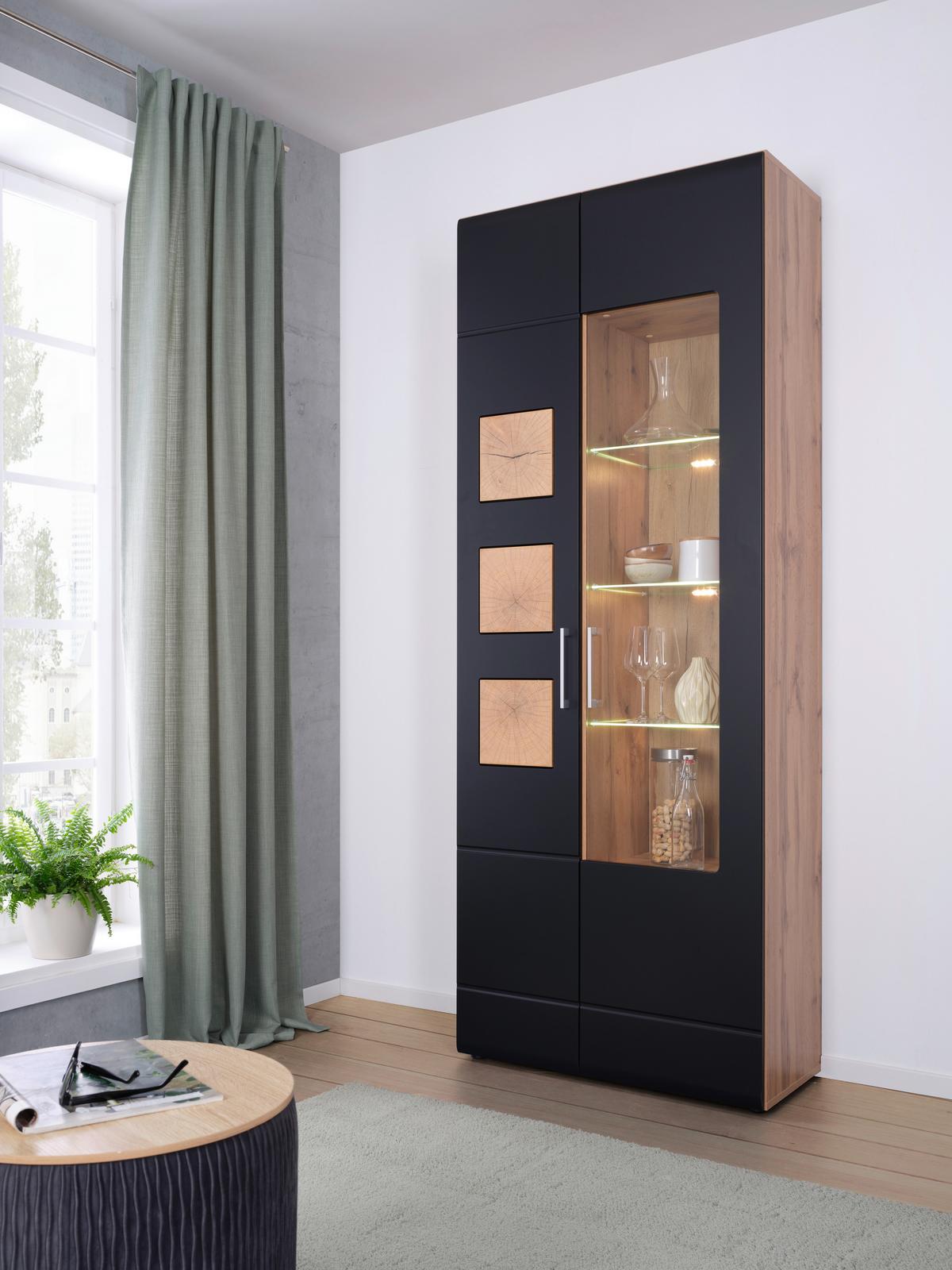 Vitrin Sonate - krómszínű/tölgyfa színű, Konventionell, faalapú anyag/Üveg (80/208/37cm) - Mömax