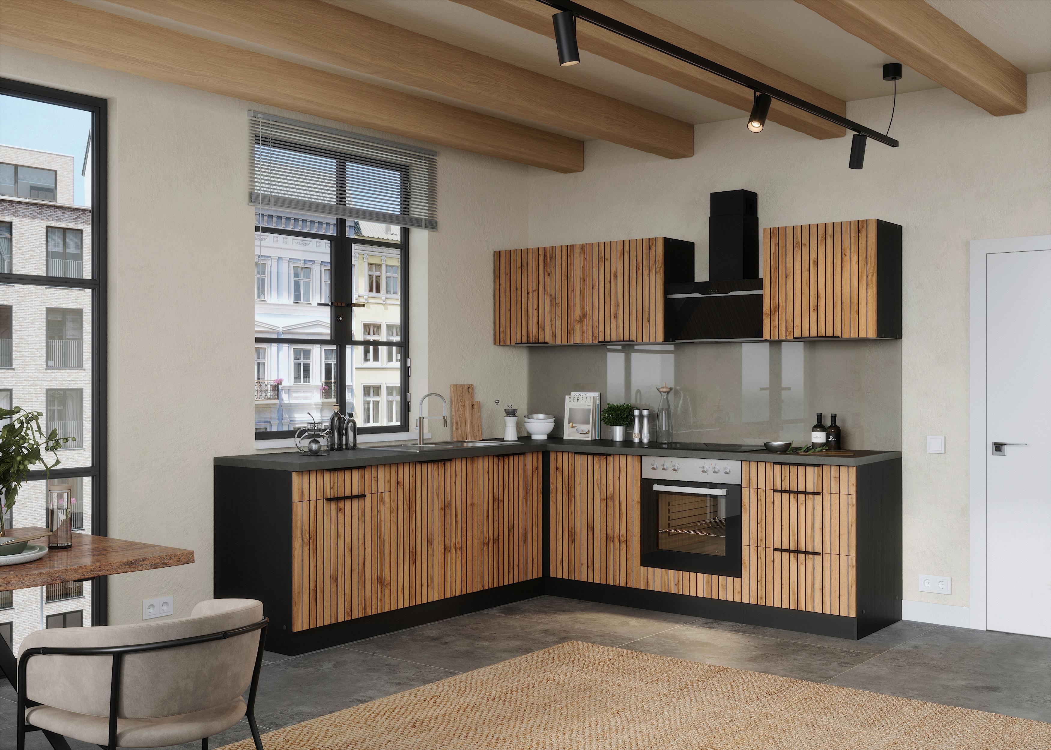 Eckküche Liverpool m. Geräten ca. 240x240cm Graphit/Eiche - Schieferfarben/Eiche Wotan, Basics, Holzwerkstoff/Metall (240/240cm) - Held