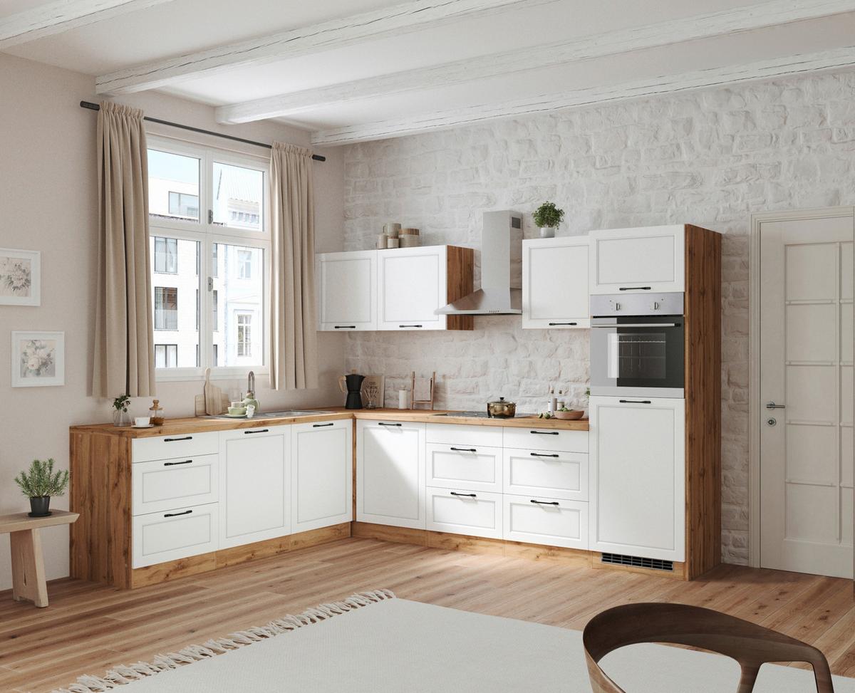 Eckküche Meran mit Geräten ca. 240x300 cm Weiß/Eiche - Eiche Wotan/Schwarz, LIFESTYLE, Holzwerkstoff/Metall (240/300cm) - Held