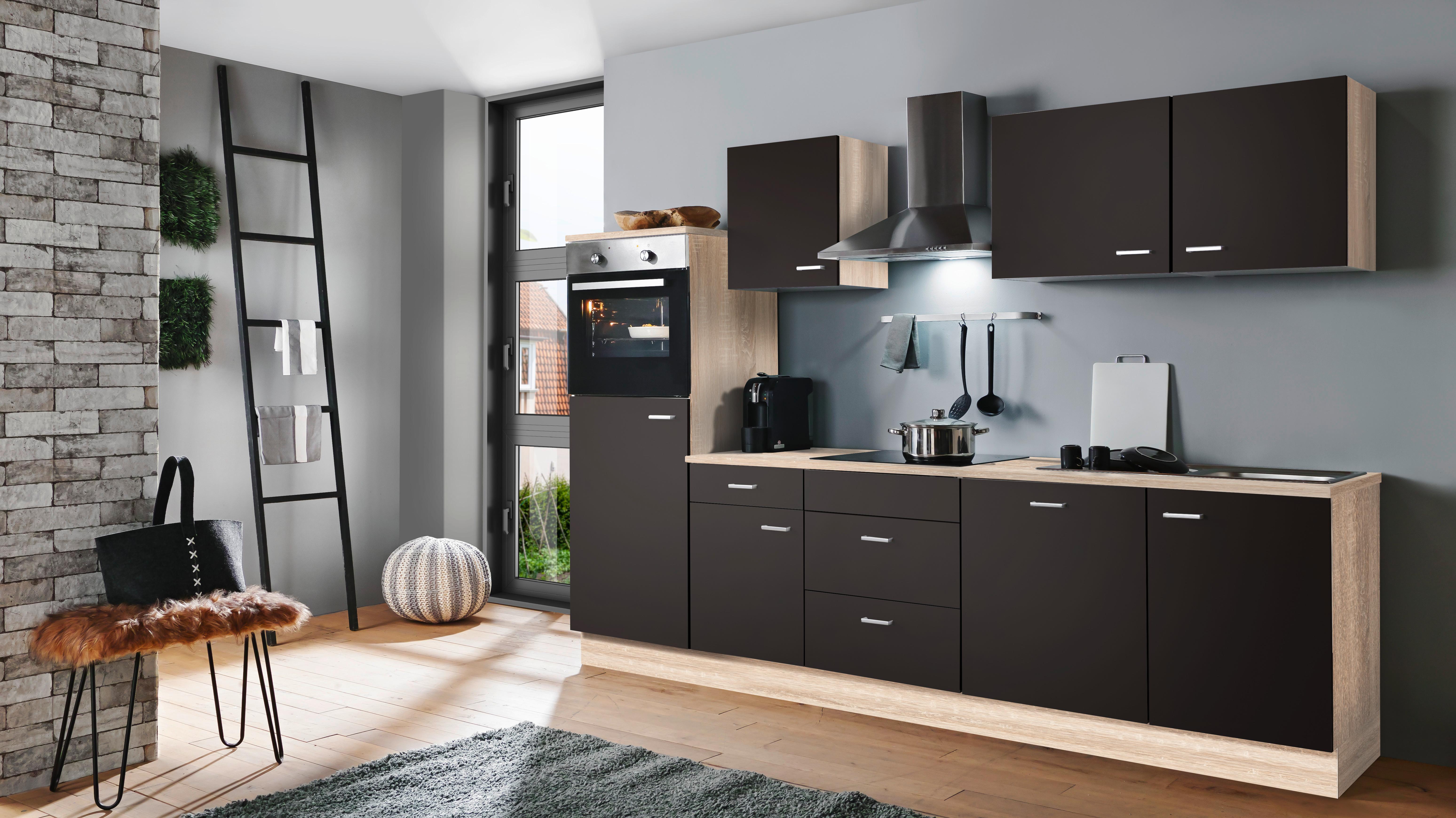 Menke Küchenblock Classic Dunkelbraun/Eiche ca. 280cm - Dunkelbraun/Silberfarben, KONVENTIONELL, Holzwerkstoff/Kunststoff (280cm) - Menke
