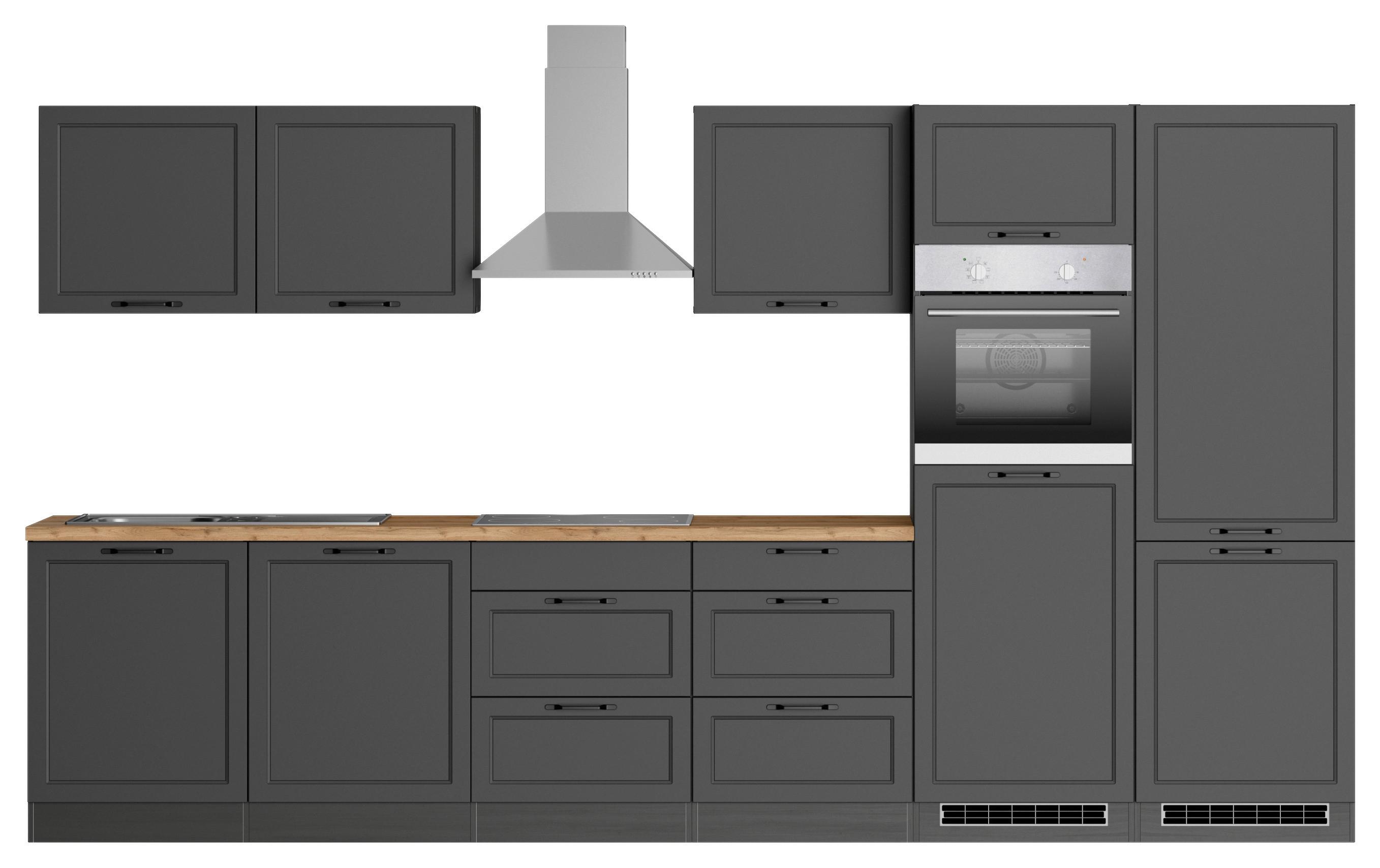 Küchenzeile Meran mit Geräten ca. 360 cm Grau/Eiche Dekor - Eiche Wotan/Schwarz, LIFESTYLE, Holzwerkstoff/Metall (360cm) - Held