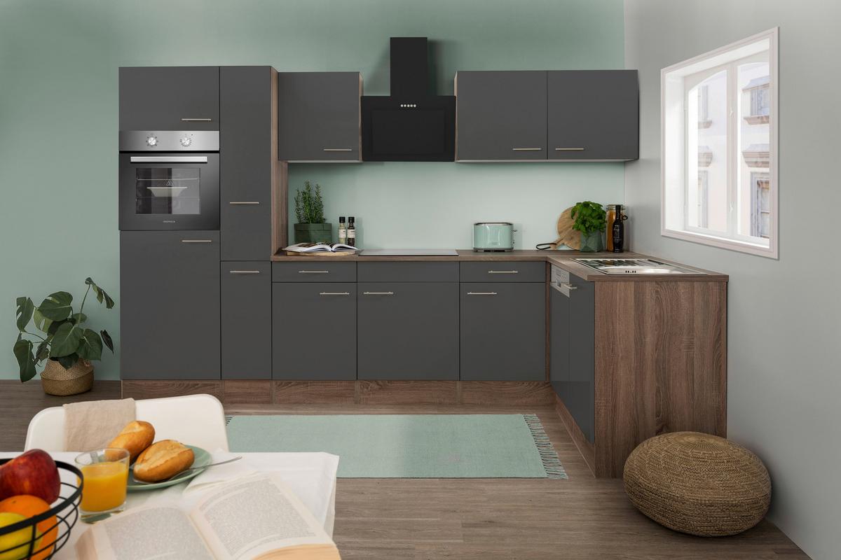 Eckküche Oliver mit Geräten ca. 310x172 cm Grau - Eichefarben/Grau, Basics, Holzwerkstoff/Metall (310/172cm) - Respekta