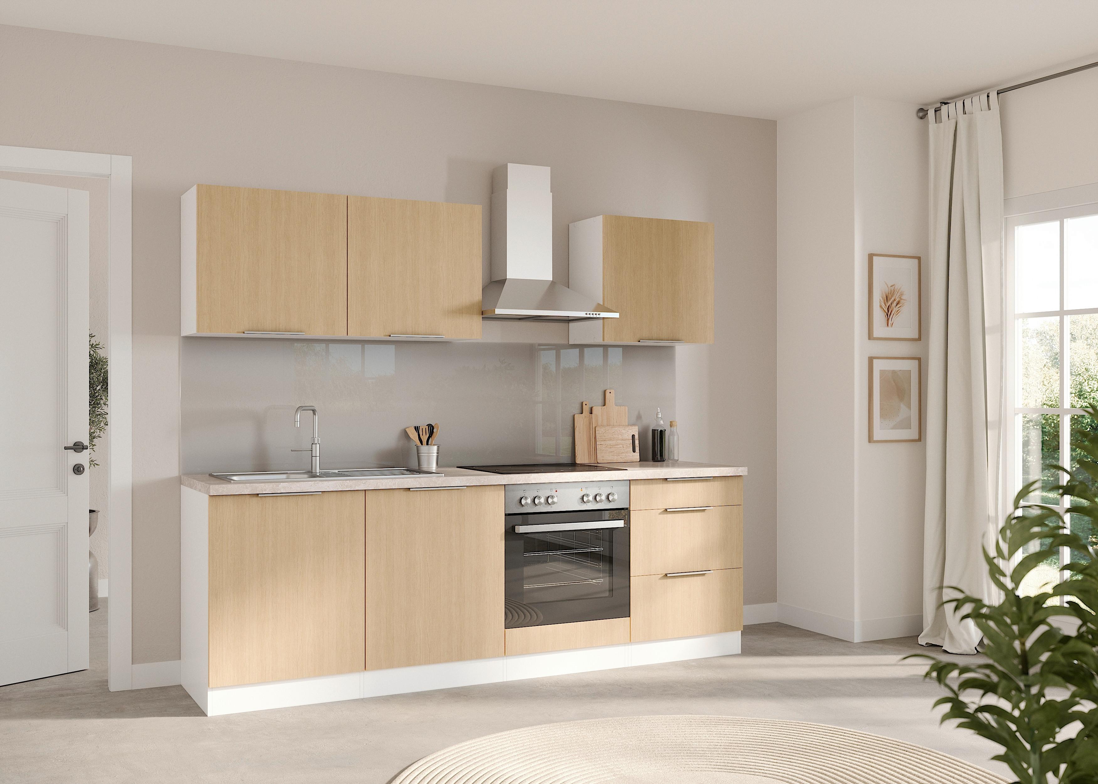 Küchenblock Glasgow m. Geräten Eichefarben/Weiß - Eichefarben/Beige, LIFESTYLE, Holzwerkstoff/Metall (240cm) - Held