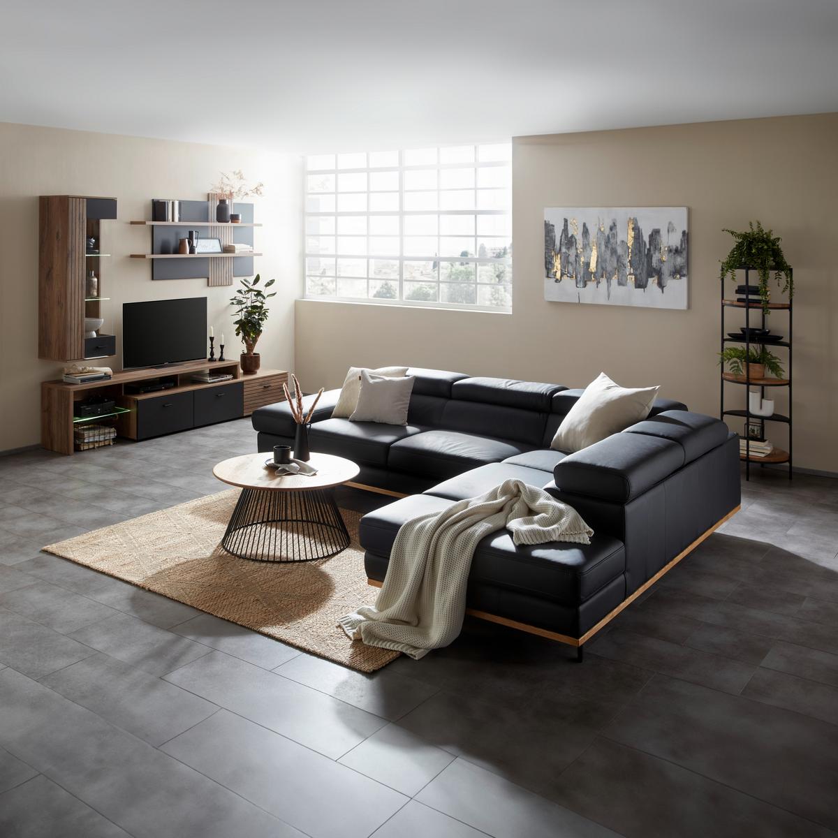 Wohnlandschaft Carmen rechts Schwarz - Anthrazit/Beige, MODERN, Leder/Holz (292/72/226cm) - Premium Living