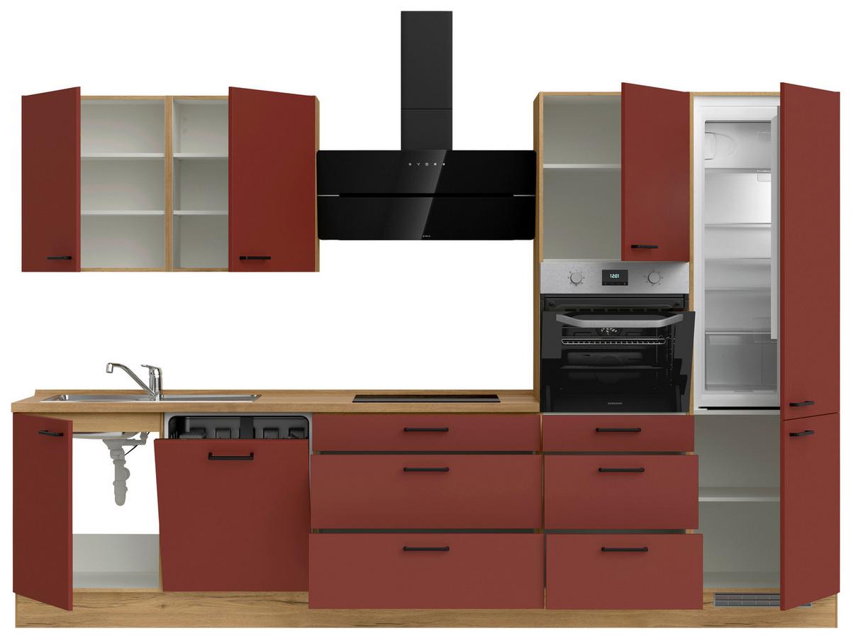 Küchenblock Easytouch High m. Geräten Dunkelrot - Eichefarben/Schwarz, MODERN, Holzwerkstoff/Metall (330cm) - Nobilia