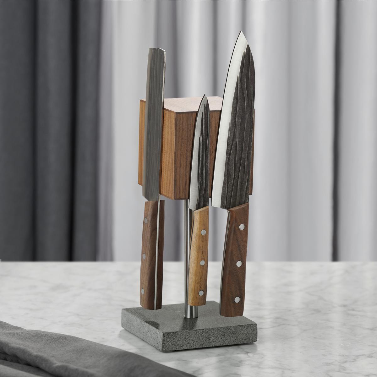 Messerblock Torge in Grau/Natur/Edelstahlfarben - Edelstahlfarben/Naturfarben, MODERN, Holz/Stein (10/25/12cm) - Premium Living