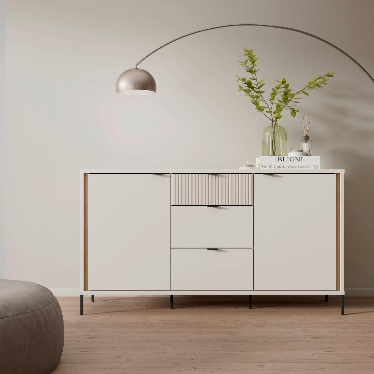 Comodă SERAVEL - culoare lemn stejar/nisipiu, Natur, metal/material pe bază de lemn (158,8/87,2/41,5cm) - Modern Living