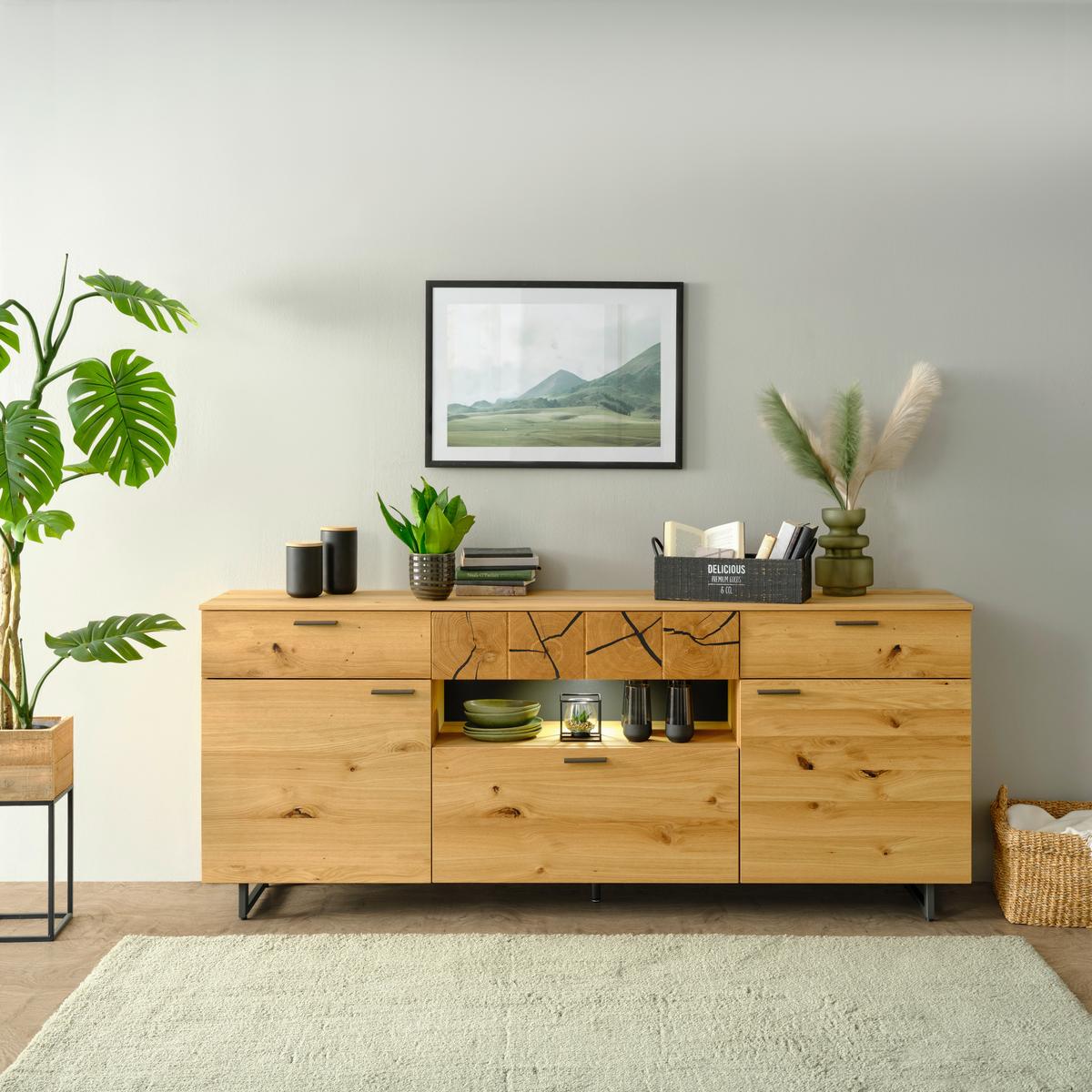 Sideboard Stockholm in Eichefarben - Eichefarben/Schwarz, Modern, Holzwerkstoff/Metall (203/85/41cm) - Premium Living