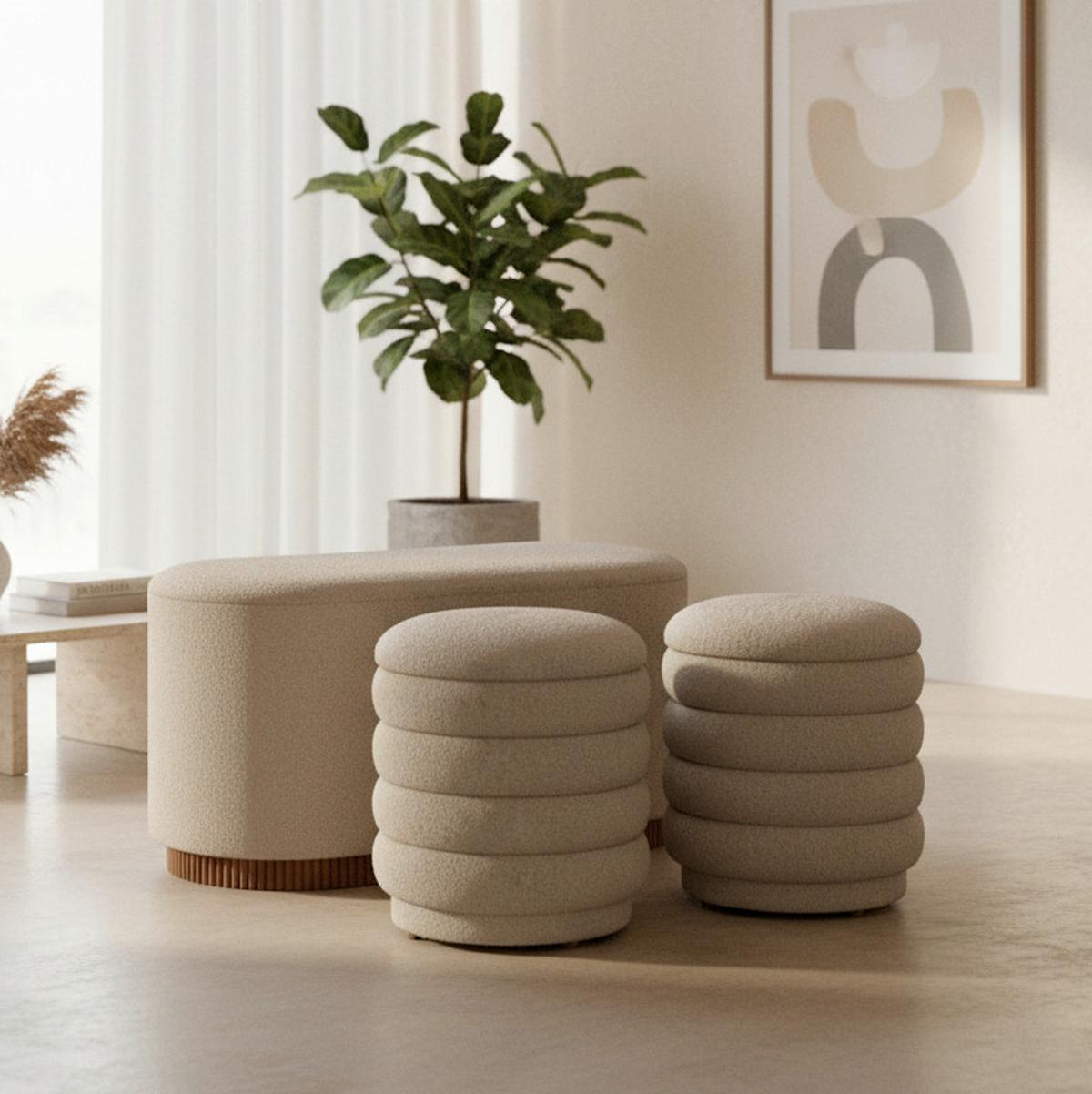 Sitzbank Nina mit Stauraum inkl. 2 Hocker Bouclé Beige - Beige/Naturfarben, MODERN, Holz/Holzwerkstoff - Bessagi Home