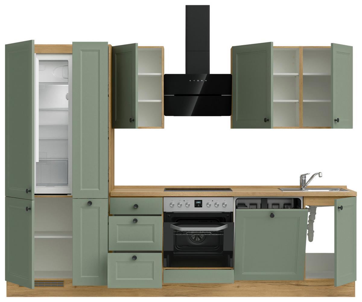 Küchenblock Cascada High m. Geräten Schilfgrün - Schilfgrün/Eichefarben, MODERN, Holzwerkstoff/Metall (300cm) - Nobilia
