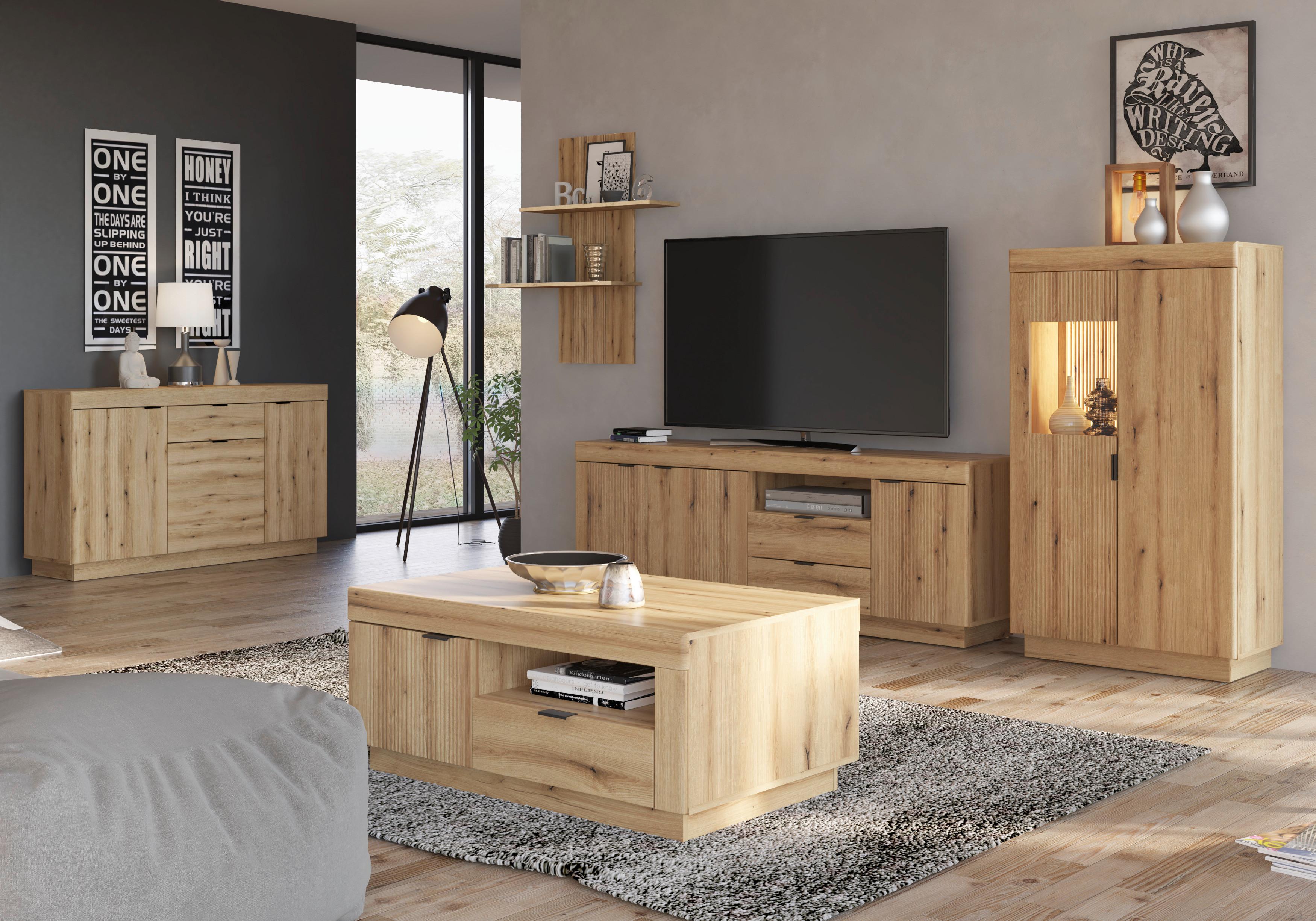 VITRINĂ DELAMAR - culoare lemn stejar, Trend, sticlă/material pe bază de lemn (80,4/140,2/39,6cm) - Modern Living