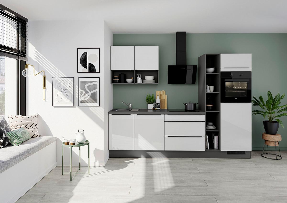 Küchenblock IBZ ohne Geräte ca. 280 cm Weiß Hochglanz - Weiß Hochglanz/Dunkelgrau, Design, Holzwerkstoff/Metall (280cm) - Impuls