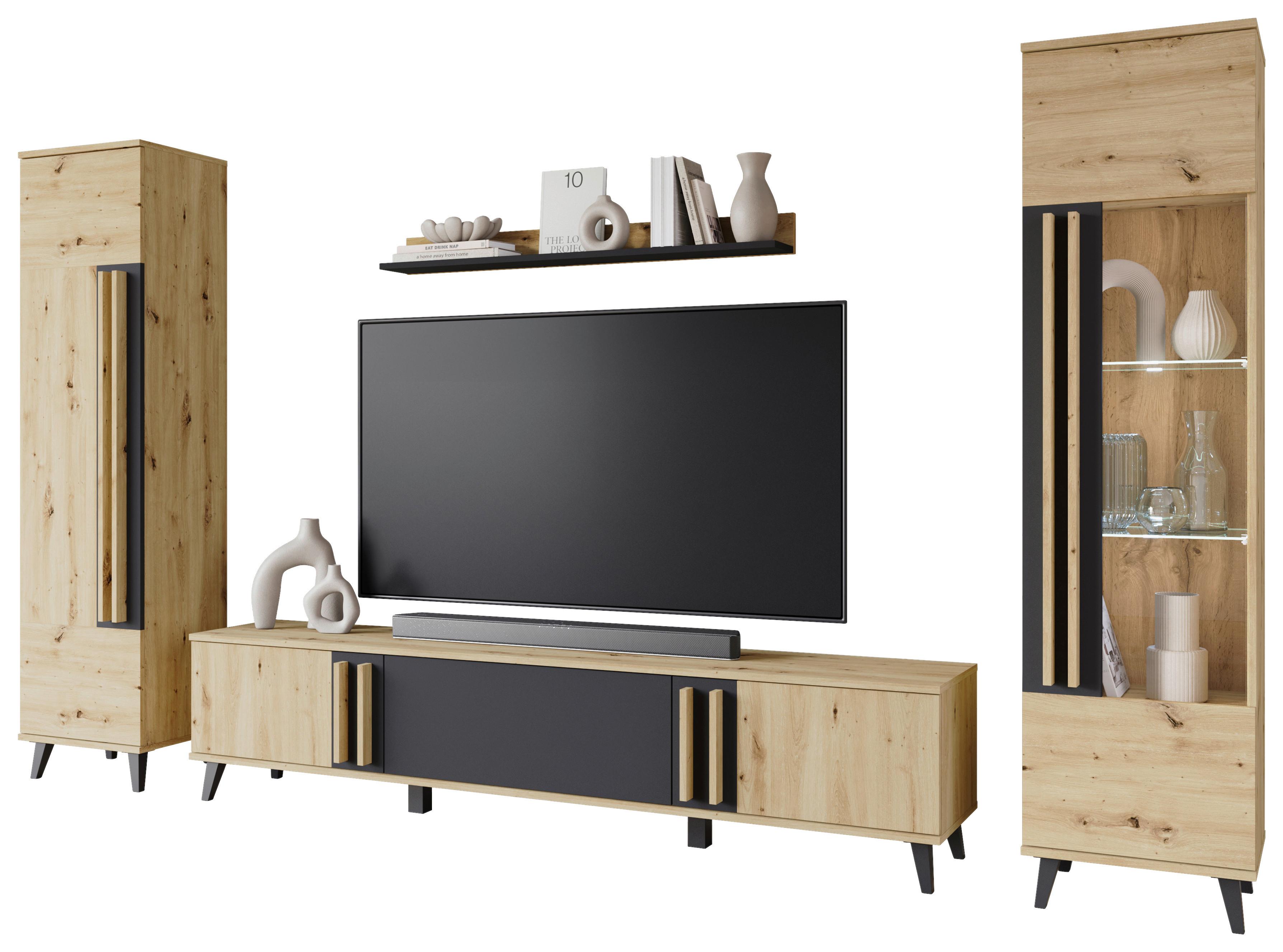 Wohnwand Helsinki EicheArtisan ca.260x159,5x33cm - Schwarz/Eiche Artisan, Trend, Glas/Holzwerkstoff (260/159,5/33cm) - P & B