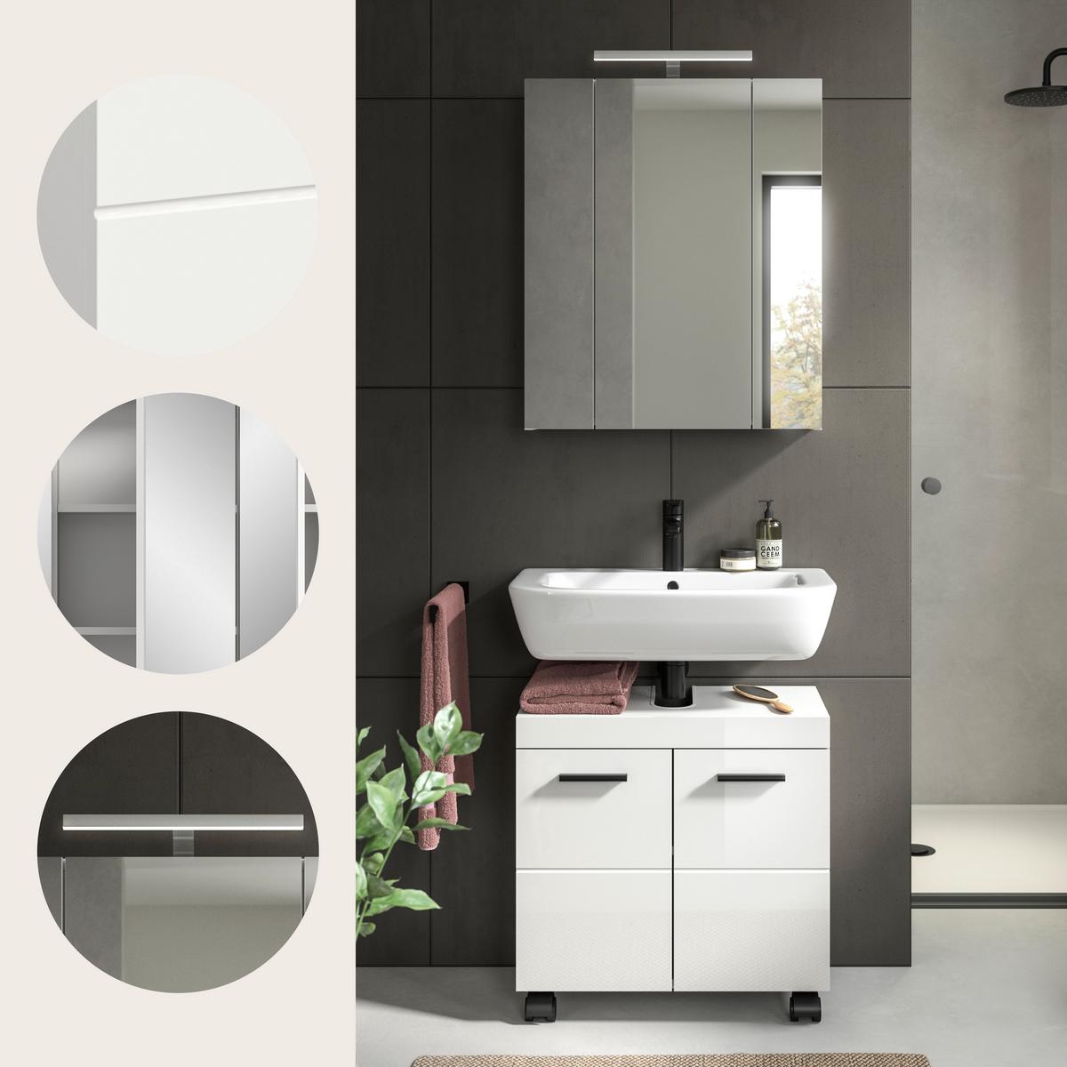 Badezimmer NOVA Weiß, Weiß Hochglanz 2-teilig - Weiß Hochglanz/Schwarz, Trend, Glas/Holzwerkstoff (60cm) - MID.YOU