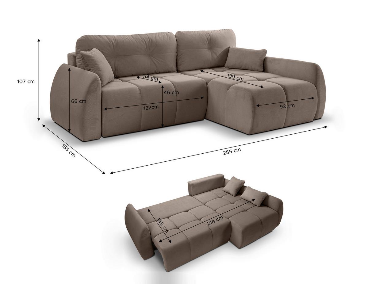 Ecksofa Sancho Long Beigebraun - Beigebraun/Schwarz, Basics, Holz/Kunststoff (255/155cm) - MID.YOU