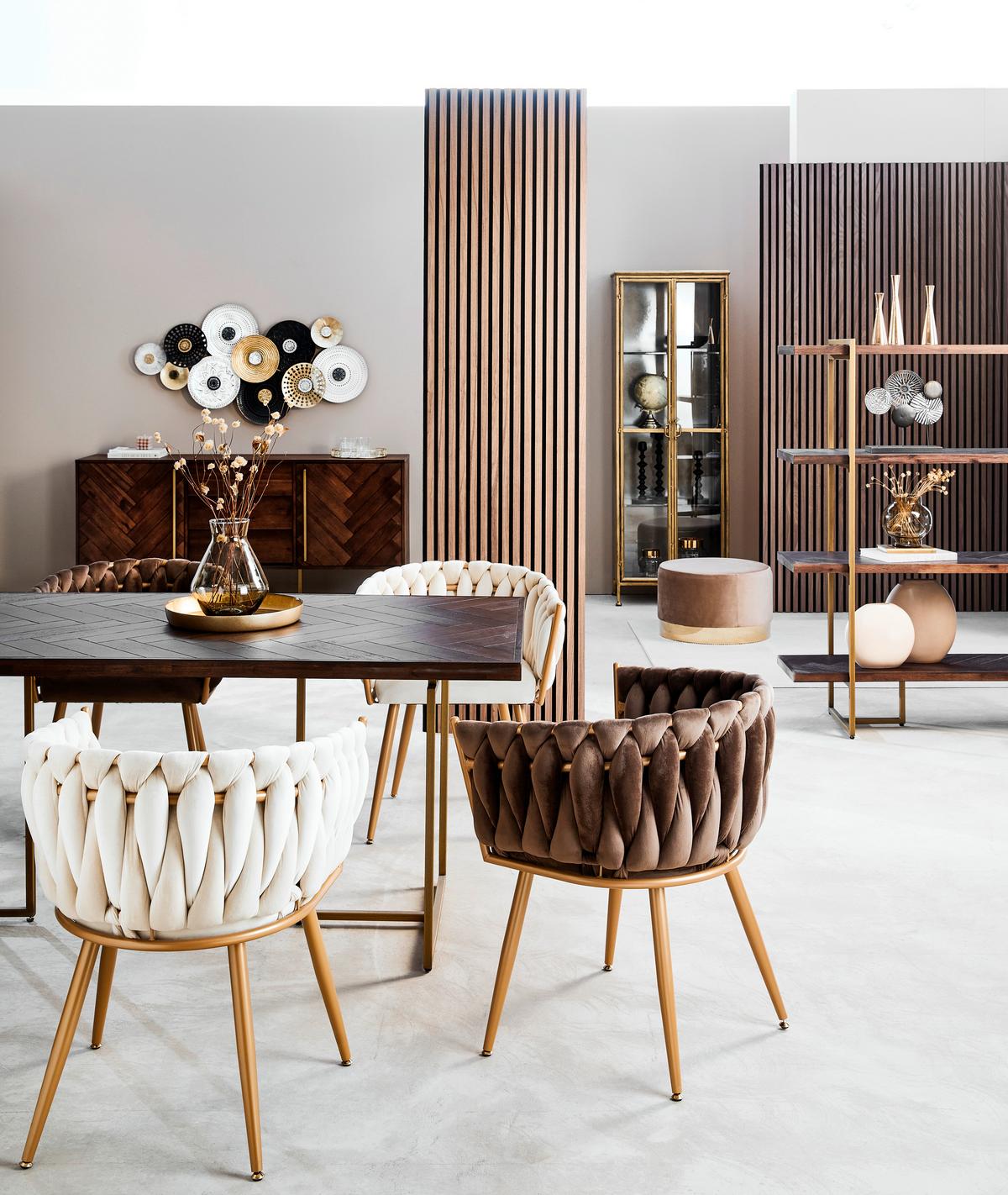 KRZESŁO Z PODŁOKIETNIKAMI WEAVY   -AMBIA HOME- - kolor złoty/brązowy, Lifestyle, metal/tkanina (60/78/55cm) - Ambia Home