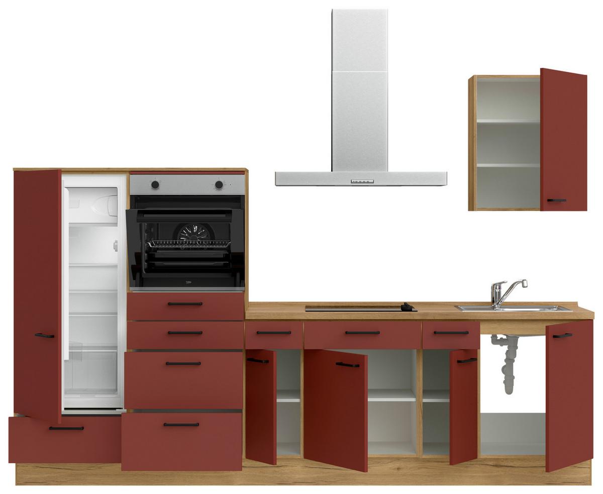 Küchenblock Easytouch Low m. Geräten Dunkelrot - Eichefarben/Schwarz, MODERN, Holzwerkstoff/Metall (300cm) - Nobilia