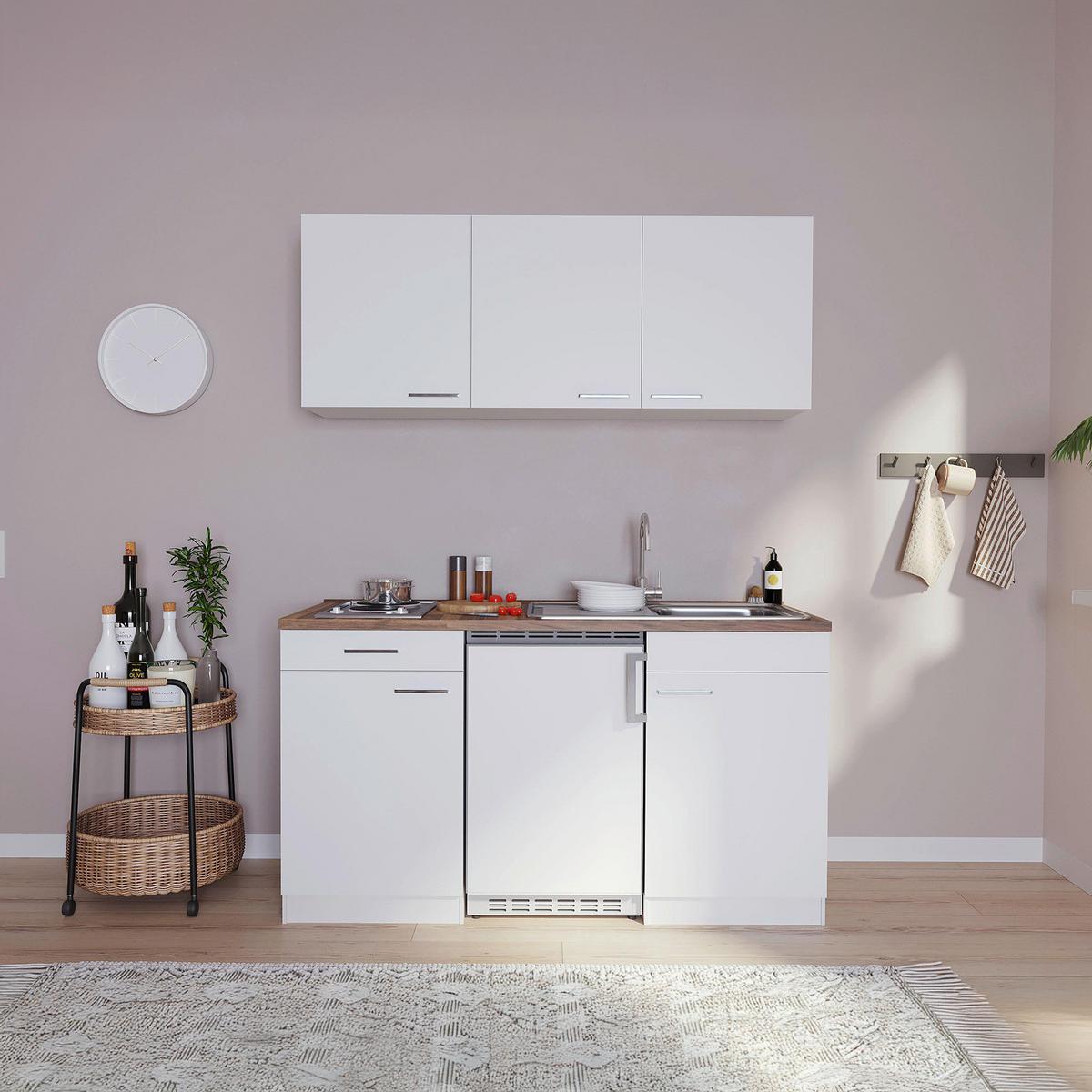 Miniküche Economy m. Geräten Weiß/ Nussbaum ca. 150 cm - Nussbaumfarben/Alufarben, Basics, Holzwerkstoff/Kunststoff (150cm) - Respekta