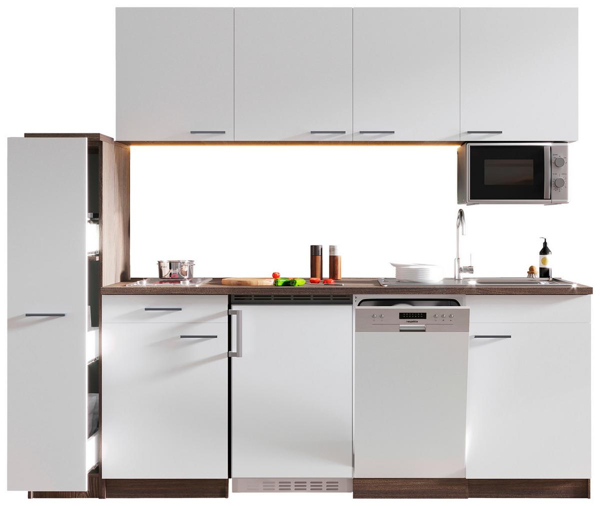 Küchenblock Oliver mit Geräten ca. 225 cm Weiß - Eichefarben/Alufarben, Basics, Holzwerkstoff/Kunststoff (225cm) - Respekta