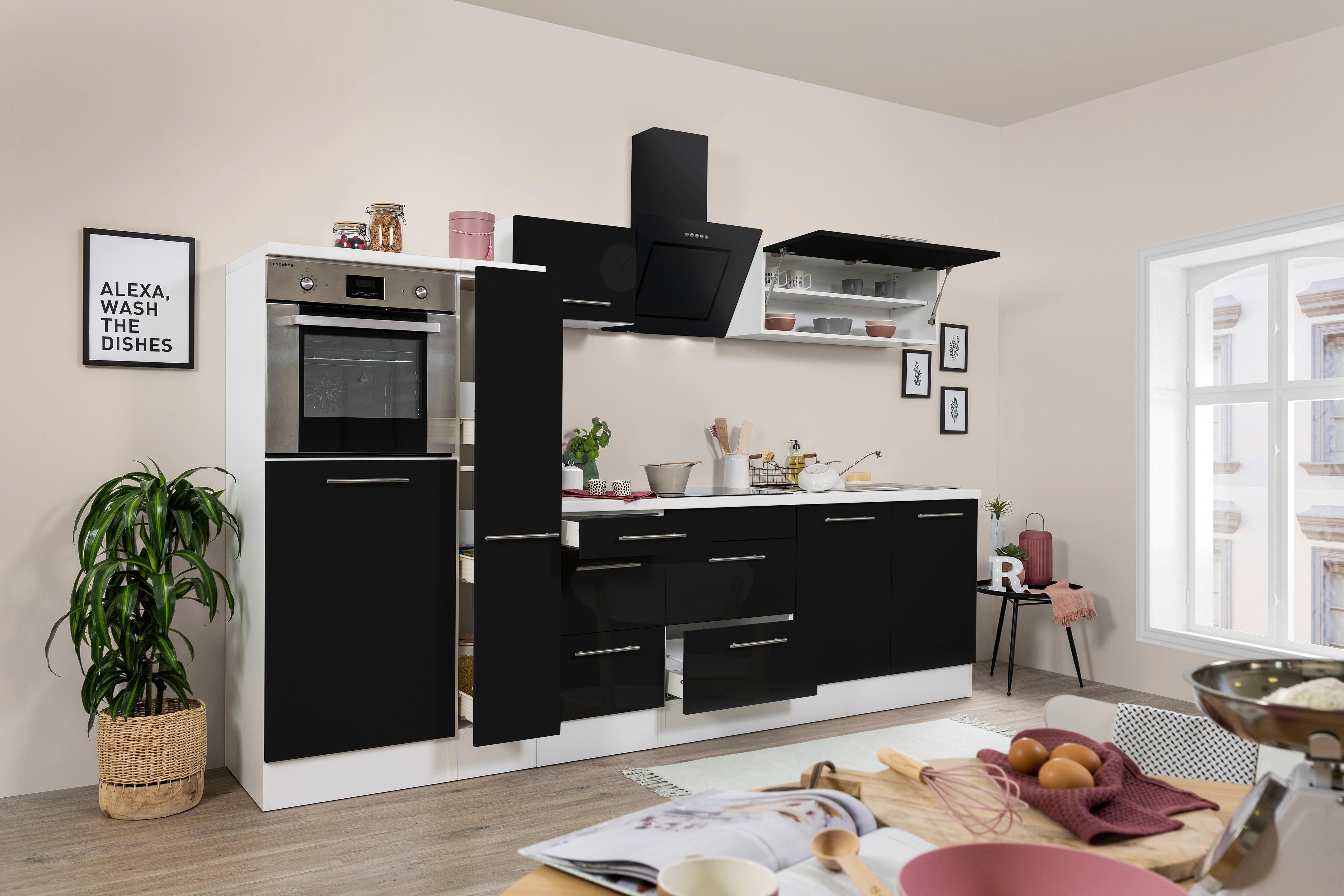 Küchenzeile mit Geräte Schwarz Hochglanz/Weiß B: ca. 300 cm - Edelstahlfarben/Schwarz, KONVENTIONELL, Holzwerkstoff/Metall (300cm) - Respekta