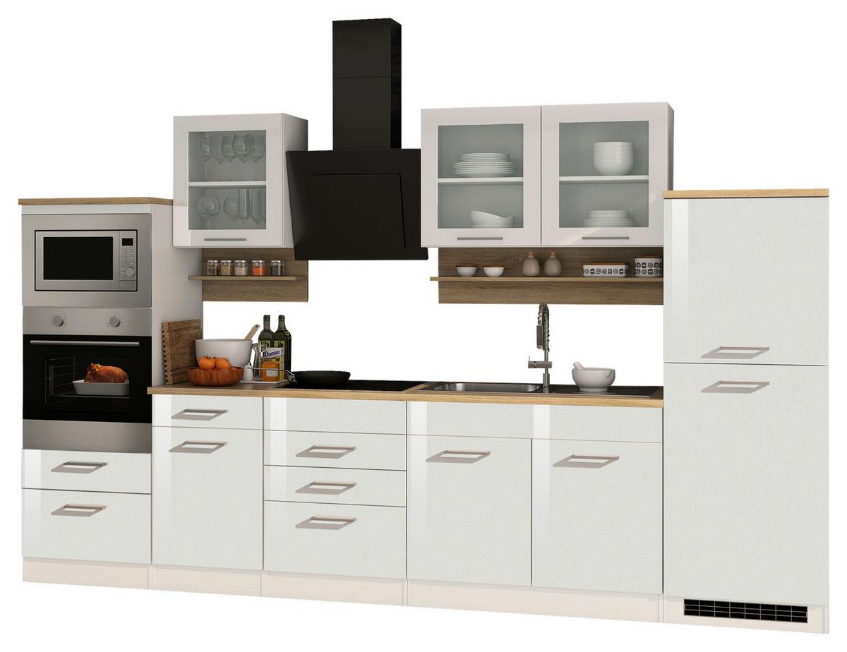 Küchenblock Mailand m. Geräten Weiß Hochglanz - Weiß Hochglanz/Silberfarben, MODERN, Glas/Holzwerkstoff (330cm) - Held