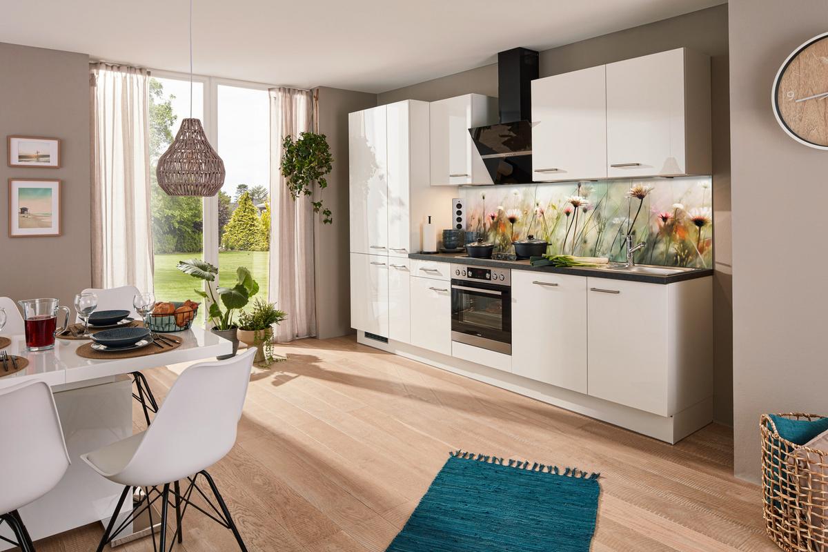 Küchenblock IP4050 in Weiß Hochglanz - Edelstahlfarben/Weiß Hochglanz, MODERN, Holzwerkstoff/Metall (310cm) - Impuls