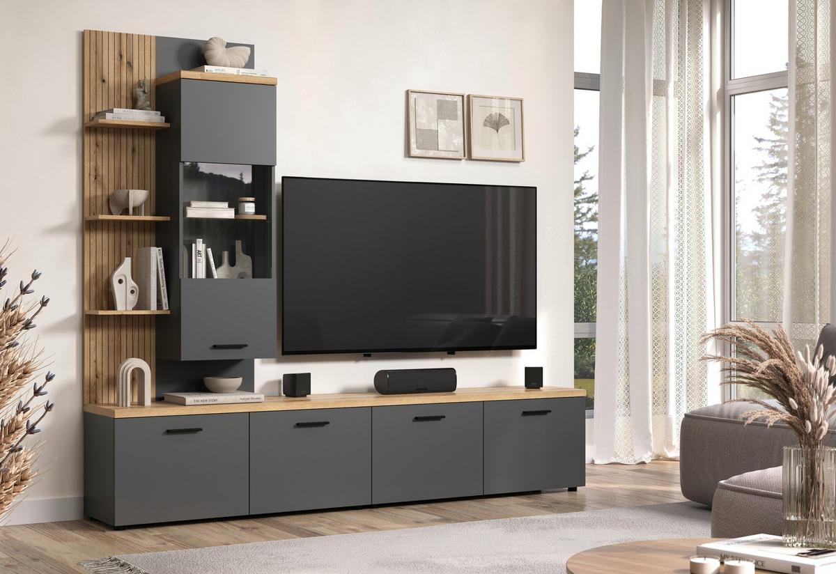 WOHNWAND BAGGIO - Eichefarben/Anthrazit, Design, Glas/Holzwerkstoff (240/212/40cm) - MID.YOU