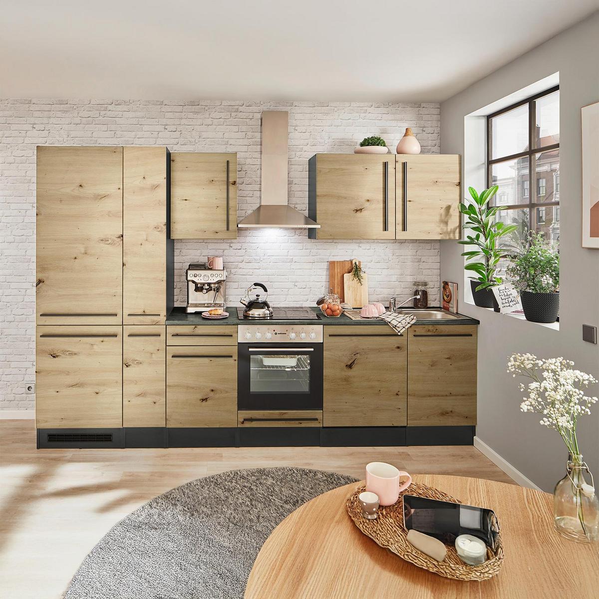 Küchenblock Jazz mit Geräten ca.310cm Eiche/Anthrazit - Anthrazit/Schwarz, LIFESTYLE, Holzwerkstoff/Kunststoff (310cm) - P & B