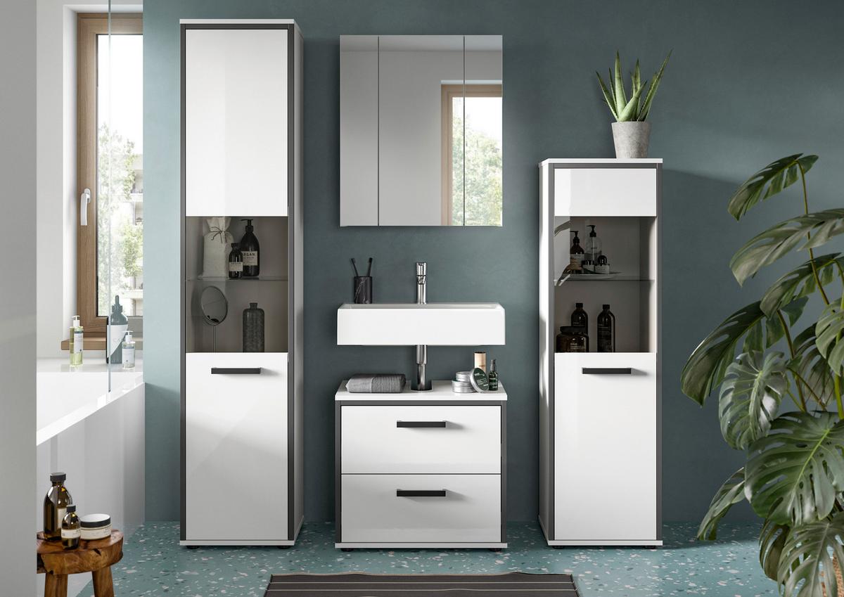 Badezimmer Kojak 4-tlg. Weiß/Anthrazit - Weiß Hochglanz/Schwarz, MODERN, Holzwerkstoff/Kunststoff (140cm) - MID.YOU