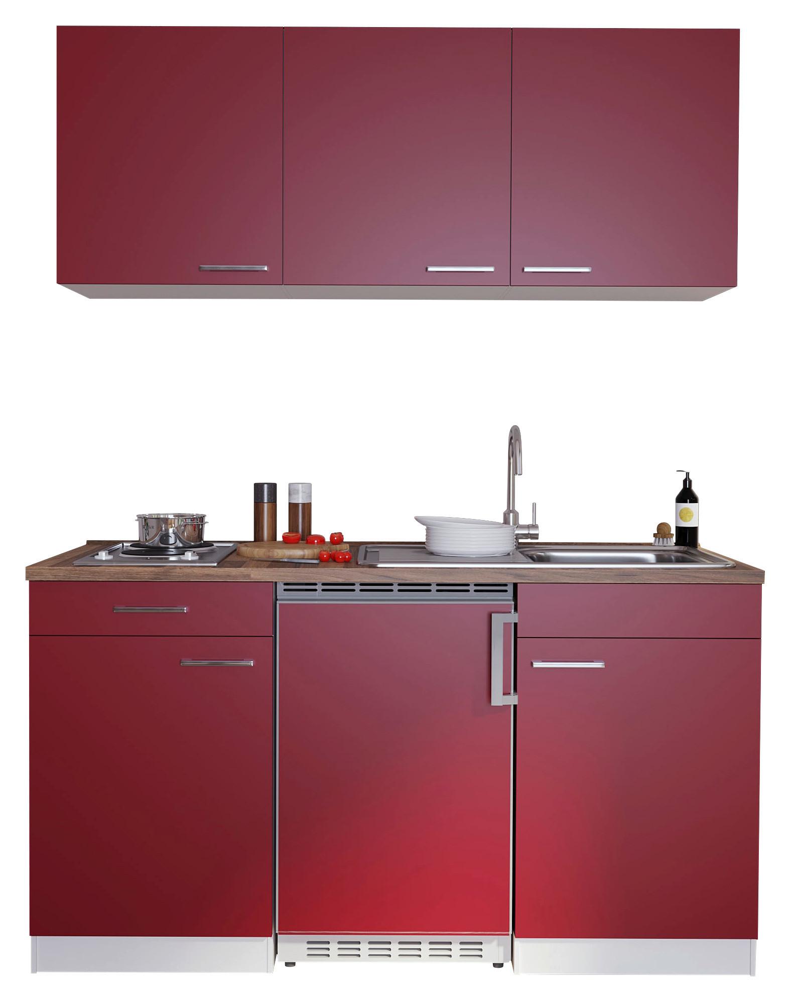 Miniküche Economy m. Geräten Rot ca. 150 cm - Edelstahlfarben/Rot, Basics, Holzwerkstoff/Kunststoff (150cm) - Respekta