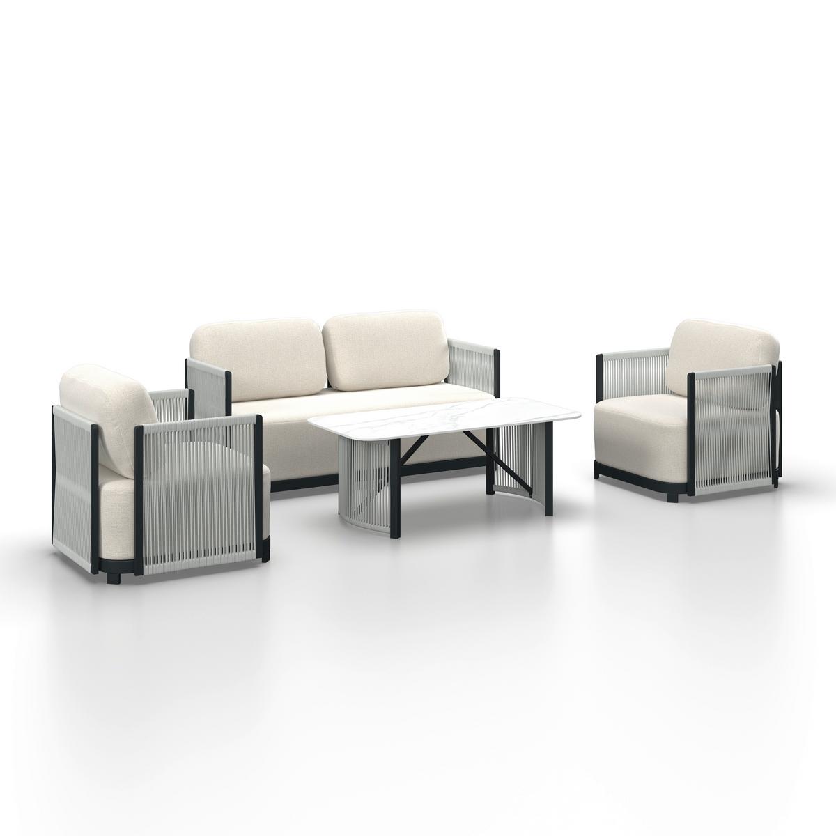 Loungegarnitur Coralie Creme Metall/Outdoorstoff +Abdeckung - Anthrazit/Creme, MODERN, Textil/Stein (155/62cm) - Bessagi Garden