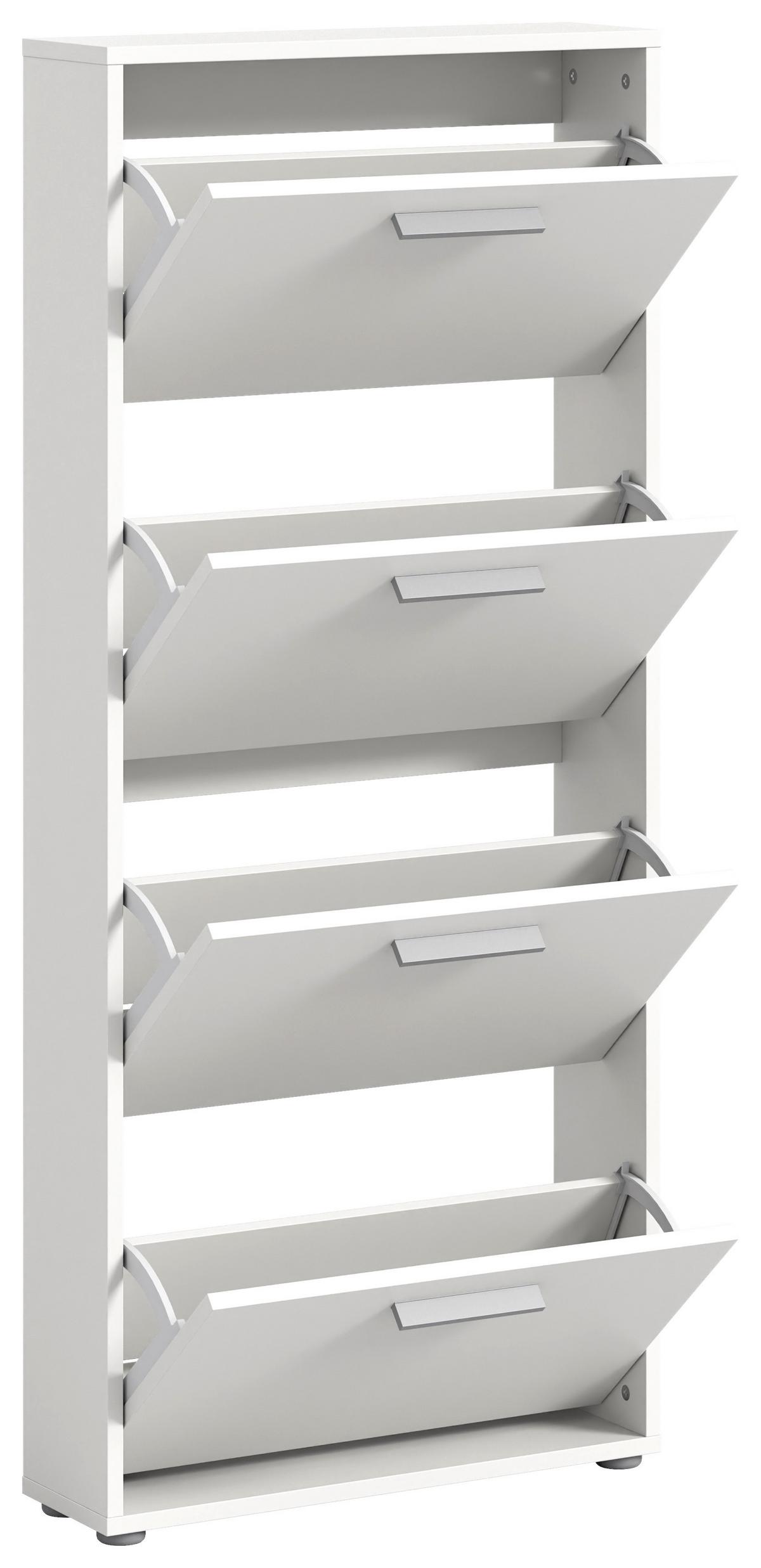 SZAFKA UCHYLNA NA BUTY SAM - kolor srebrny/biały, Design, materiał drewnopochodny/tworzywo sztuczne (59/136/17cm) - Carryhome