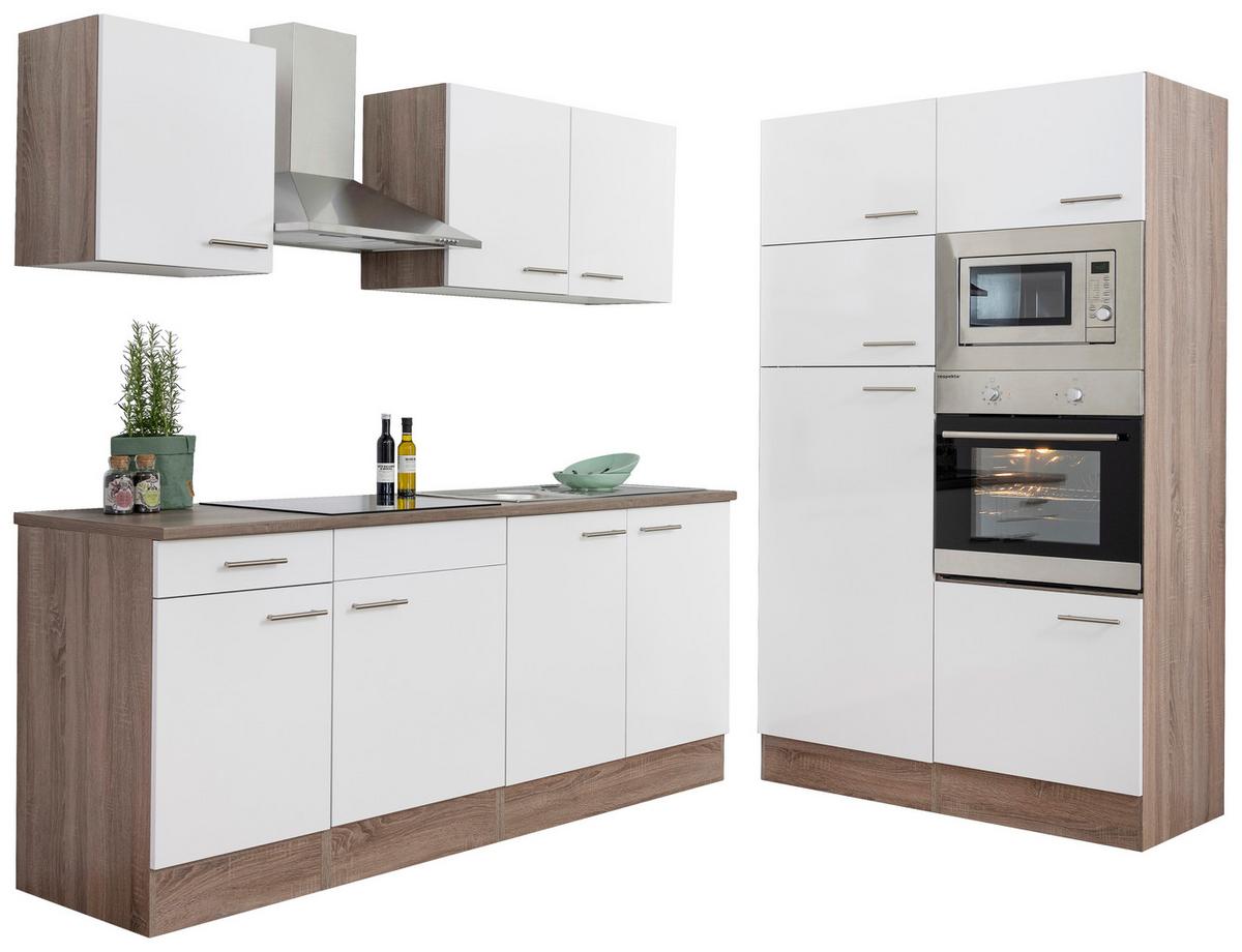 Küchenzeile Economy o. Geräte Weiß/Eiche B: ca. 330 cm - Edelstahlfarben/Eichefarben, Basics, Holzwerkstoff/Metall (330/205/60cm) - Respekta