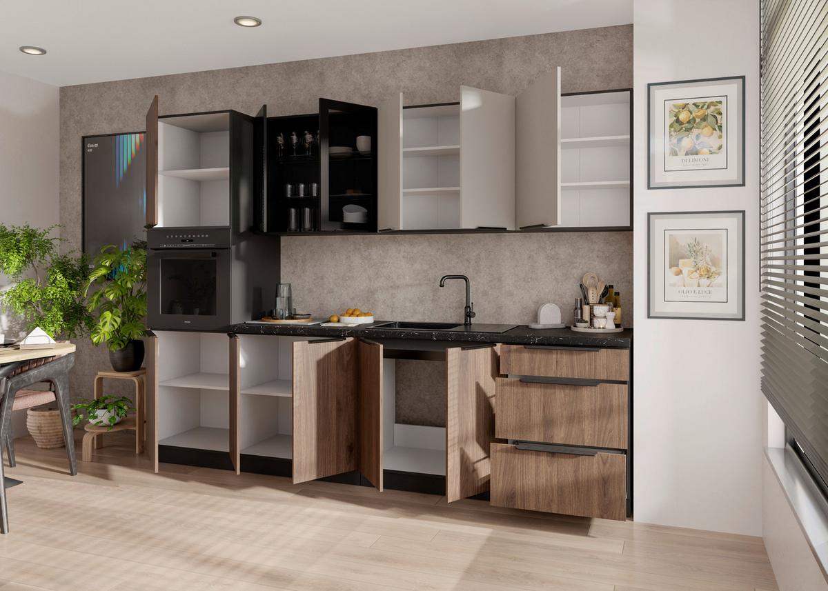 Blok Kuhinja Monza/arona - kašmir/boja orahovog drveta, Moderno, staklo/metal (260/210/60cm) - Modern Living