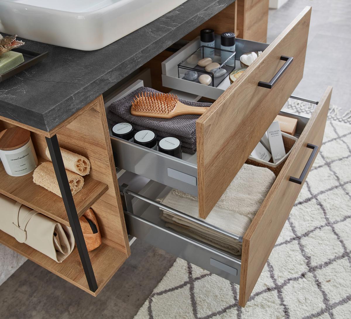 Badezimmer in Eiche/Schiefer - Schieferfarben/Weiss, Modern, Keramik/Holzwerkstoff (90cm) - Pelipal