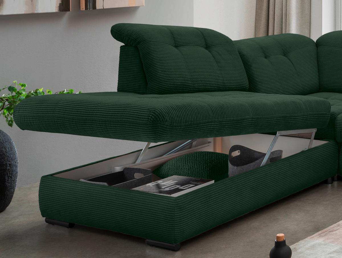 Wohnlandschaft Rigatti Dunkel Grün Cord mit Bettkasten - Dunkelgrün/Schwarz, MODERN, Textil/Metall (252/387/184cm) - Livetastic