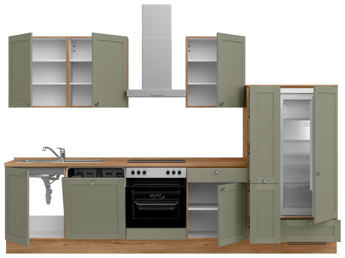 Küchenleerblock Frame Low o. Geräte Olivgrün - Edelstahlfarben/Eichefarben, MODERN, Holzwerkstoff/Metall (330cm) - Nobilia