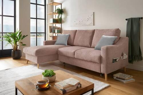 Wohnlandschaft Valentina Dunkelrosa Mikrofaser - Dunkelrosa/Naturfarben, Design, Holz/Textil (150/228cm) - MID.YOU