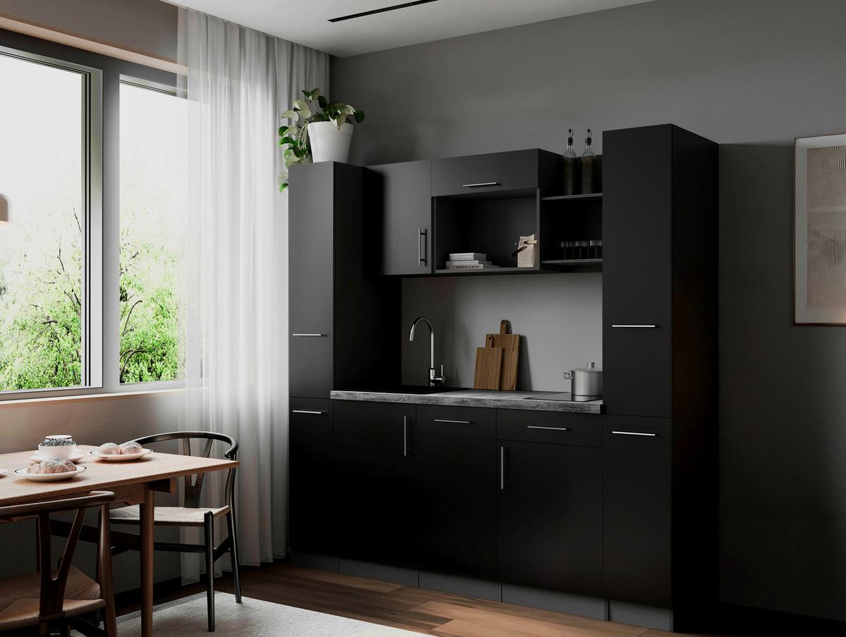 Küchenblock Oliver m. Geräten Schwarz - Schwarz/Grau, Trend, Holzwerkstoff/Metall (205cm) - Respekta