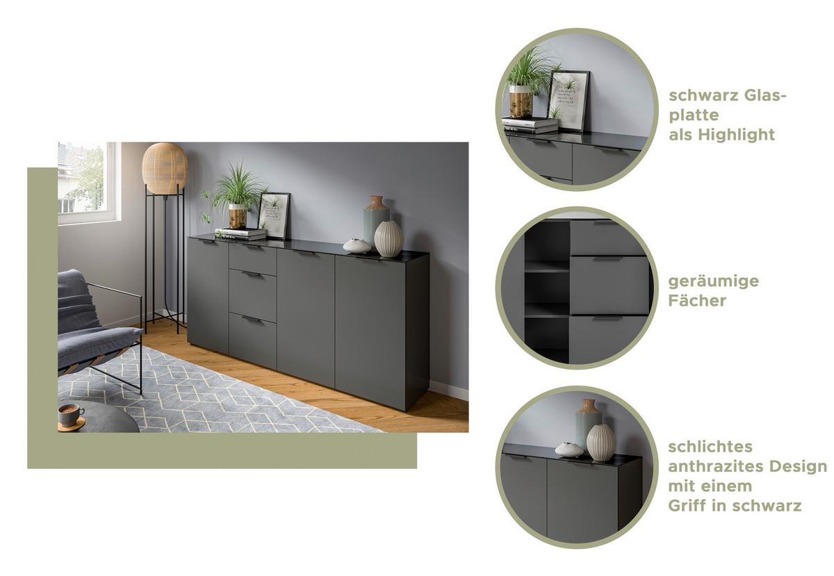 Sideboard Ray ca. 179x86 cm Anthrazit - Anthrazit, Design, Glas/Holzwerkstoff (179/86/40cm) - Livetastic