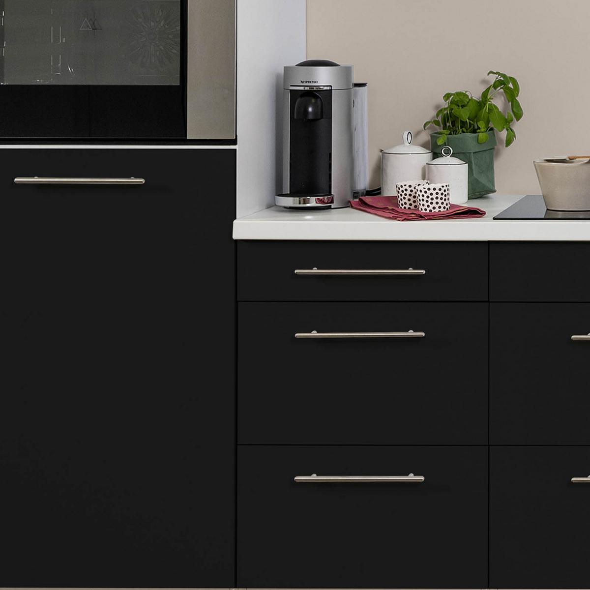 Küchenzeile mit Geräte Schwarz Hochglanz/Weiß B: ca. 280 cm - Edelstahlfarben/Schwarz, KONVENTIONELL, Holzwerkstoff/Metall (280cm) - Respekta