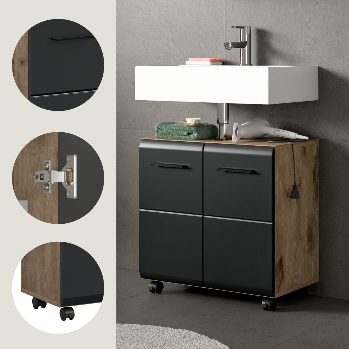 Waschbeckenunterschrank Ice Schwarz/Eiche dunkel - Eiche dunkel/Schwarz, Trend, Holzwerkstoff/Kunststoff (60/58/30cm) - MID.YOU